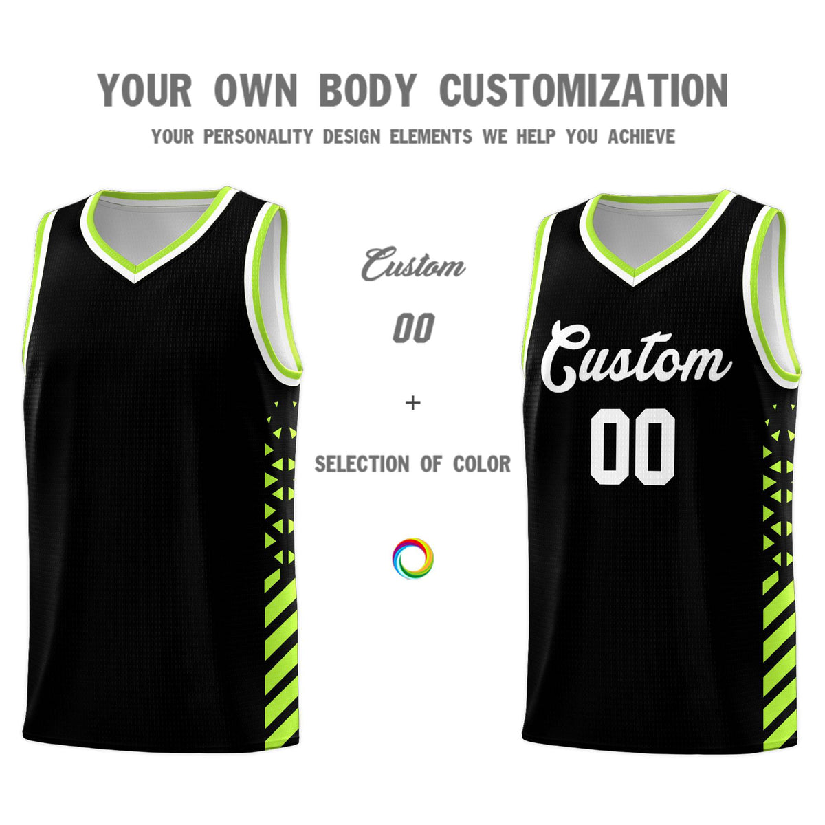 Custom Black Basketball Kits With Side Neon Green Diamond Stripe Pattern