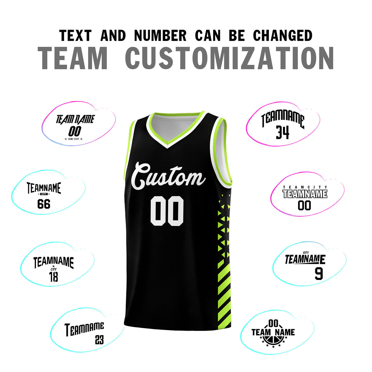 Custom Black Basketball Kits With Side Neon Green Diamond Stripe Pattern