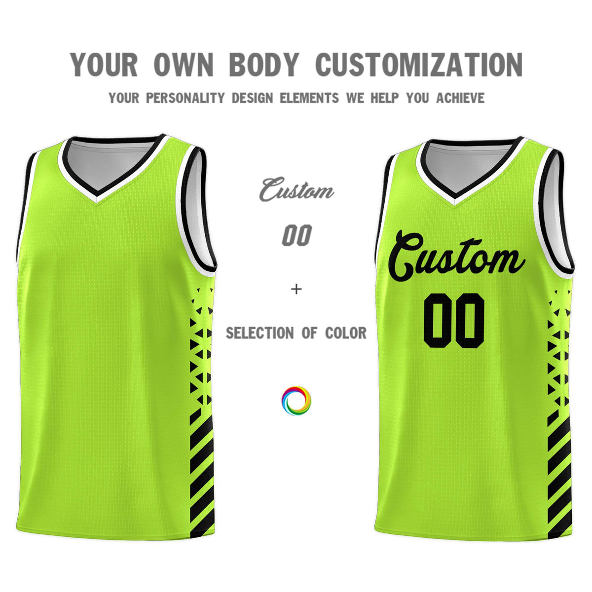 Custom Neon Green Basketball Kits With Side Black Diamond Stripe Pattern