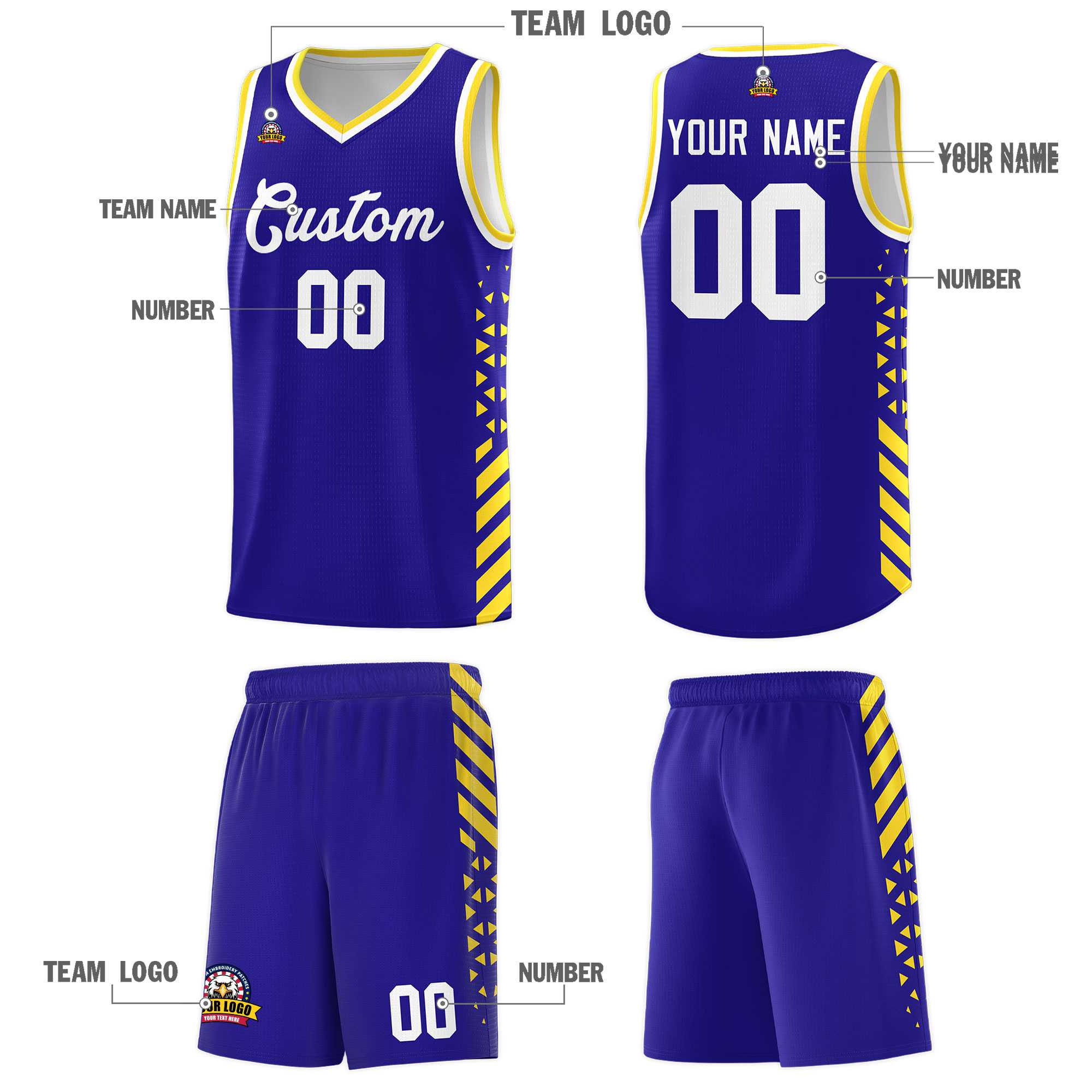 Custom Royal Basketball Kits With Side Gold Diamond Stripe Pattern
