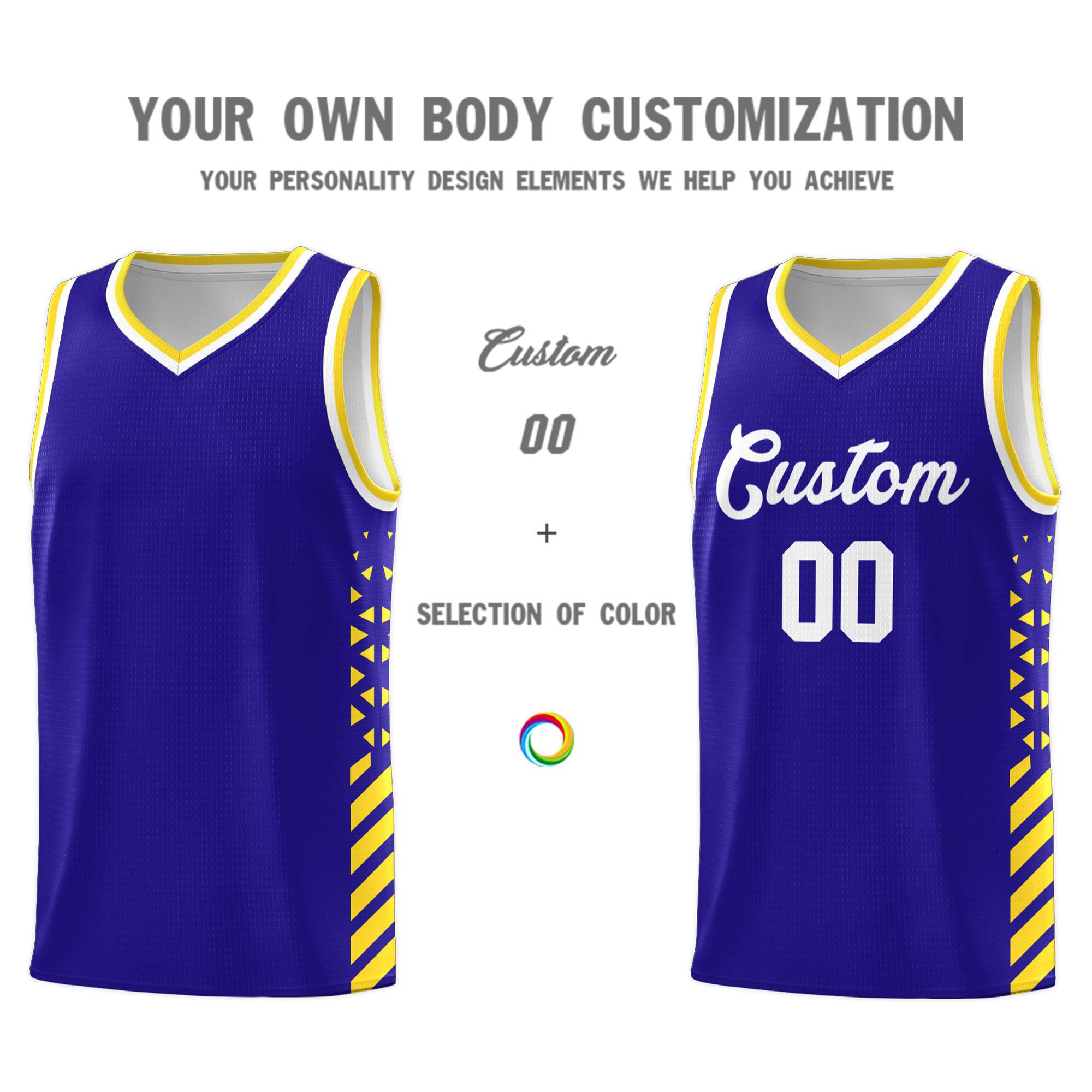 Custom Royal Basketball Kits With Side Gold Diamond Stripe Pattern