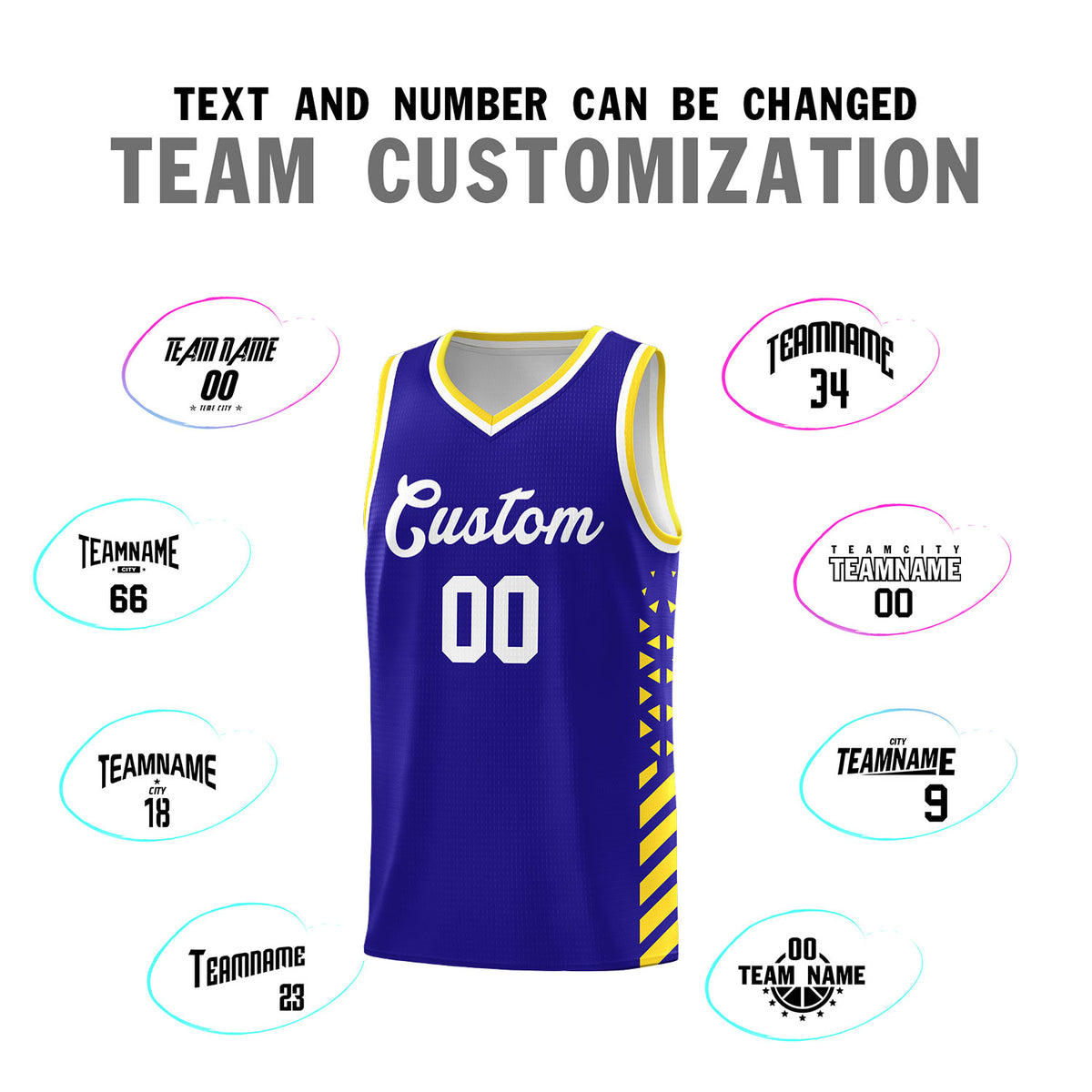 Custom Royal Basketball Kits With Side Gold Diamond Stripe Pattern