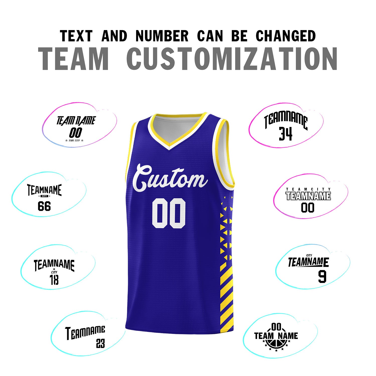Custom Royal Basketball Kits With Side Gold Diamond Stripe Pattern