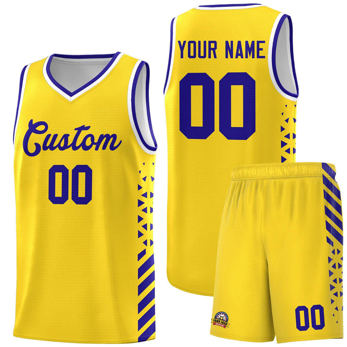 Custom Gold Basketball Kits With Side Royal Diamond Stripe Pattern