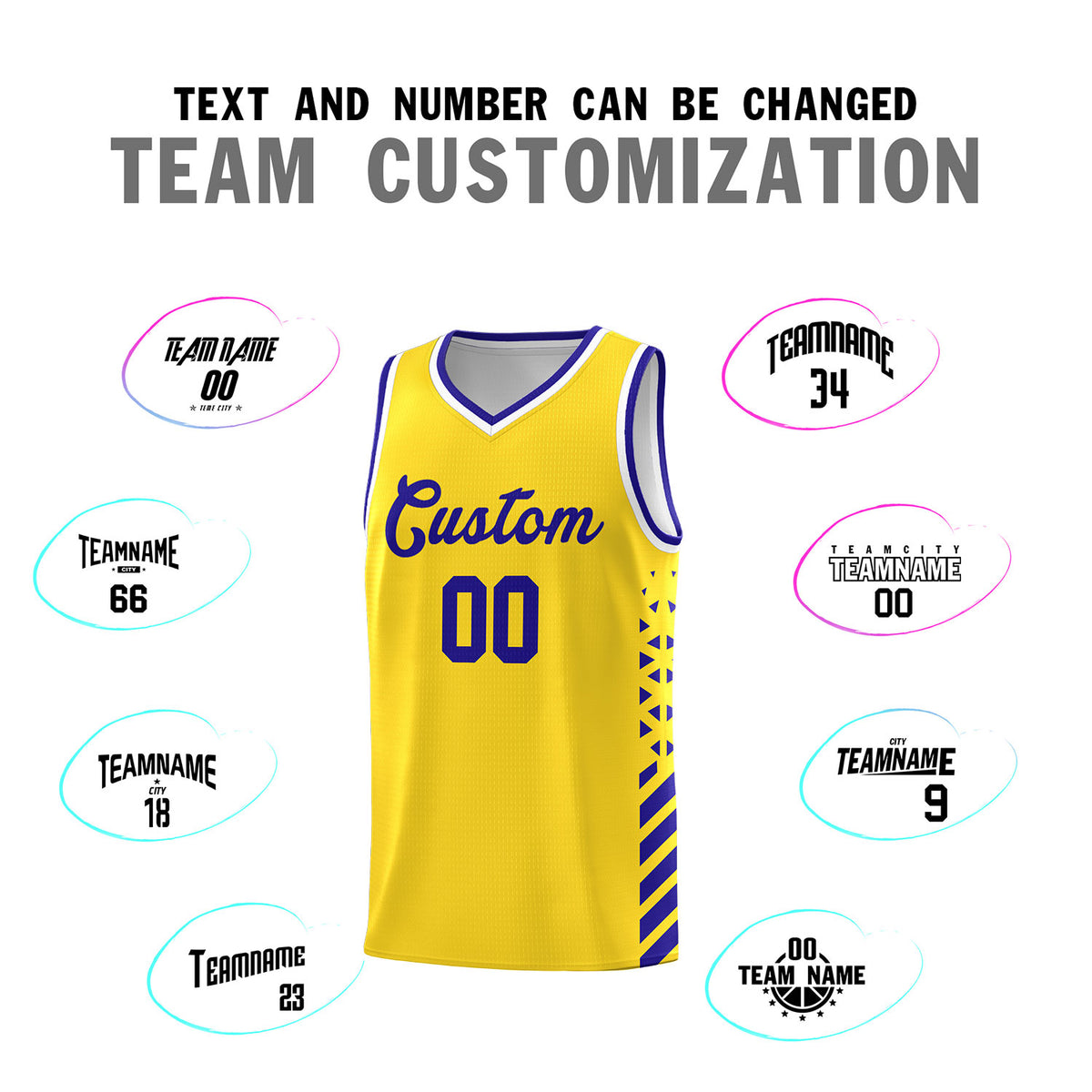 Custom Gold Basketball Kits With Side Royal Diamond Stripe Pattern