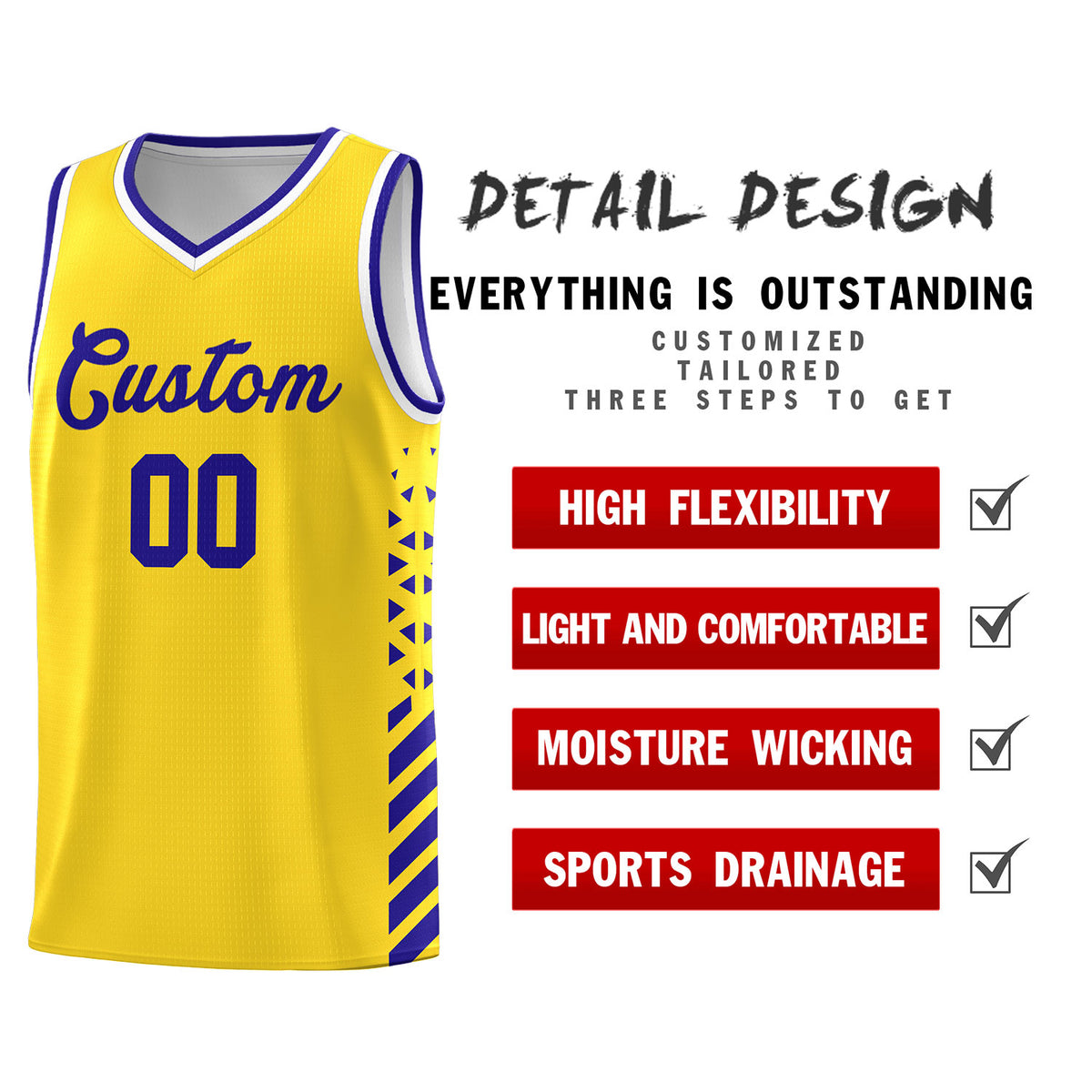Custom Gold Basketball Kits With Side Royal Diamond Stripe Pattern