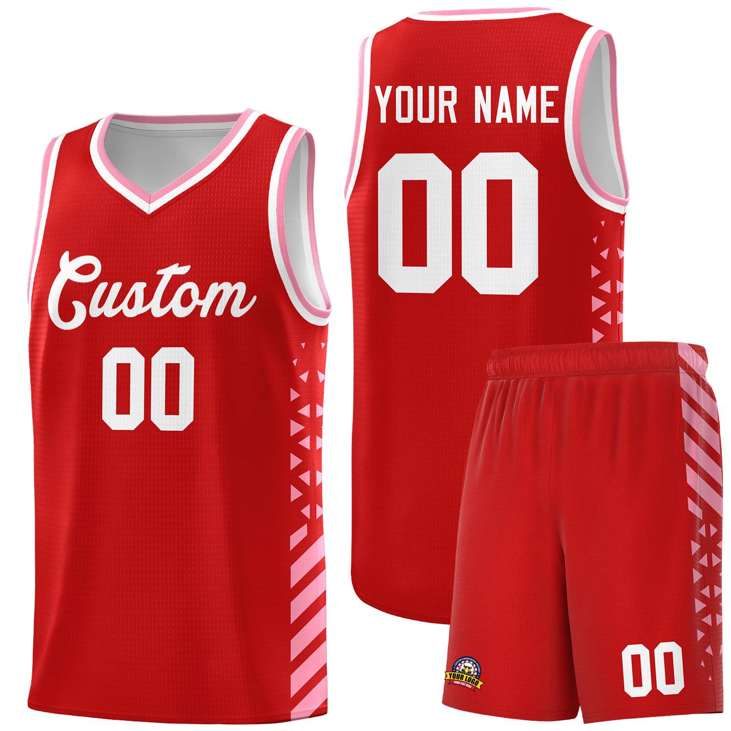 Custom Red Basketball Kits With Side Light Pink Diamond Stripe Pattern
