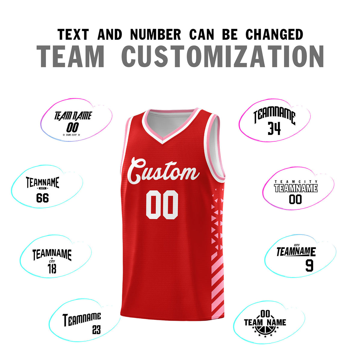 Custom Red Basketball Kits With Side Light Pink Diamond Stripe Pattern