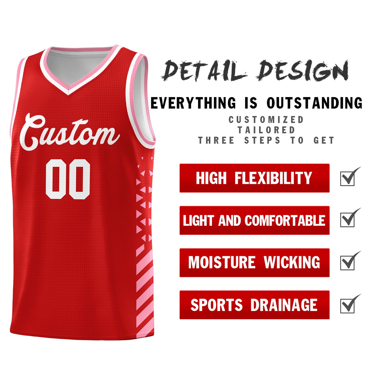 Custom Red Basketball Kits With Side Light Pink Diamond Stripe Pattern