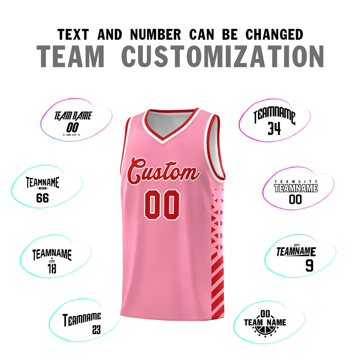 Custom Light Pink Basketball Kits With Side Red Diamond Stripe Pattern