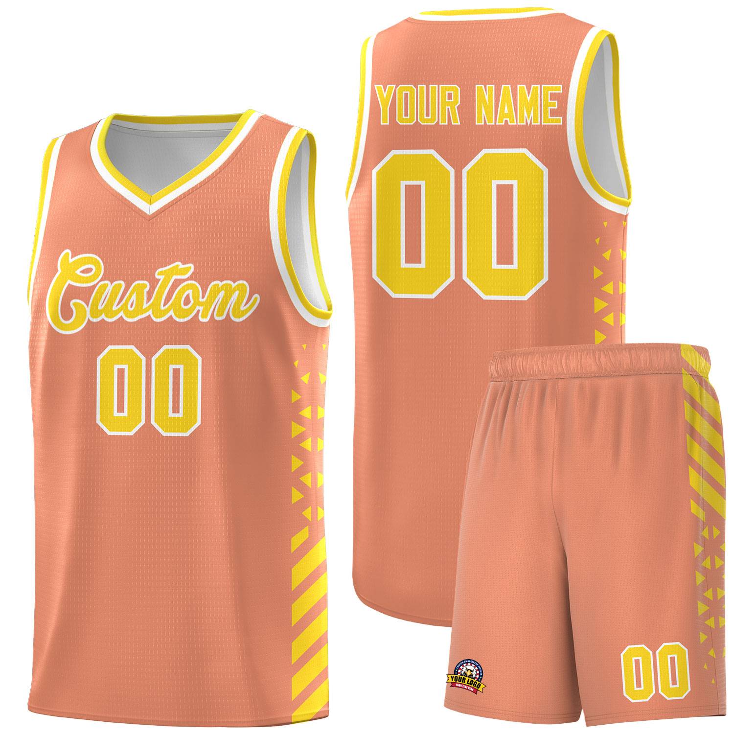 Custom Light Orange Basketball Kits With Side Gold Diamond Stripe Pattern