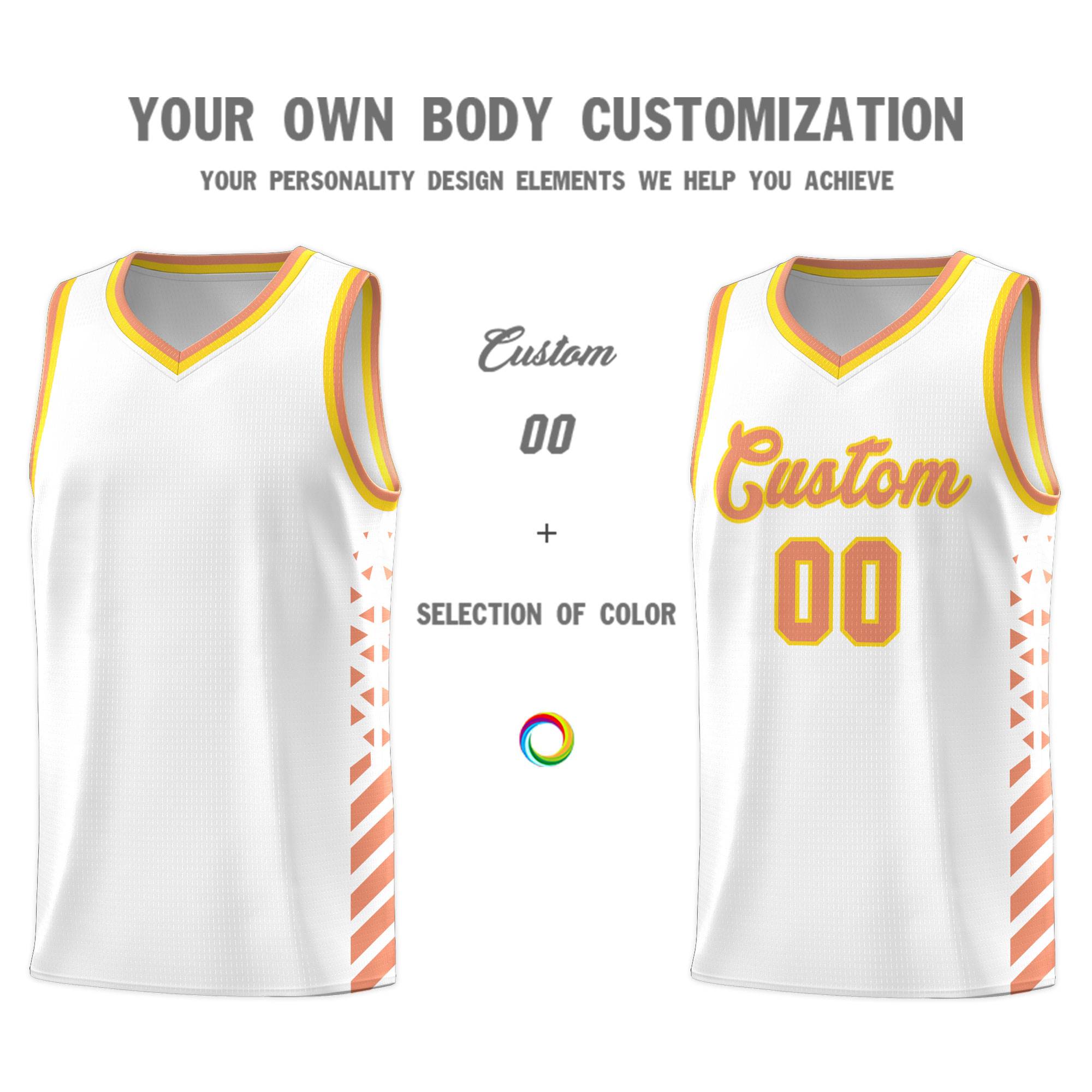 Custom White Basketball Kits With Side Light Orange Diamond Stripe Pattern