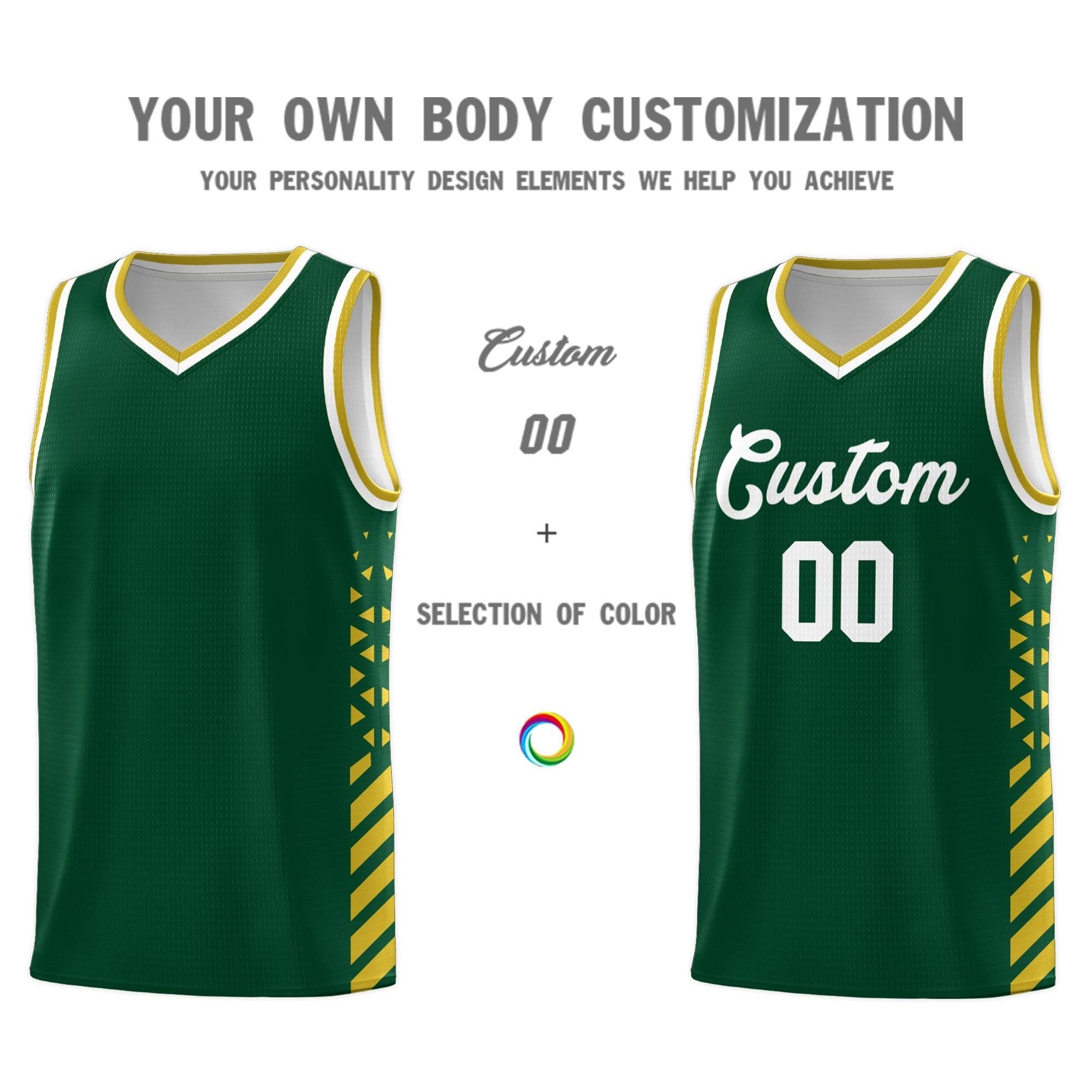 Custom Green Basketball Kits With Side Old Gold Diamond Stripe Pattern