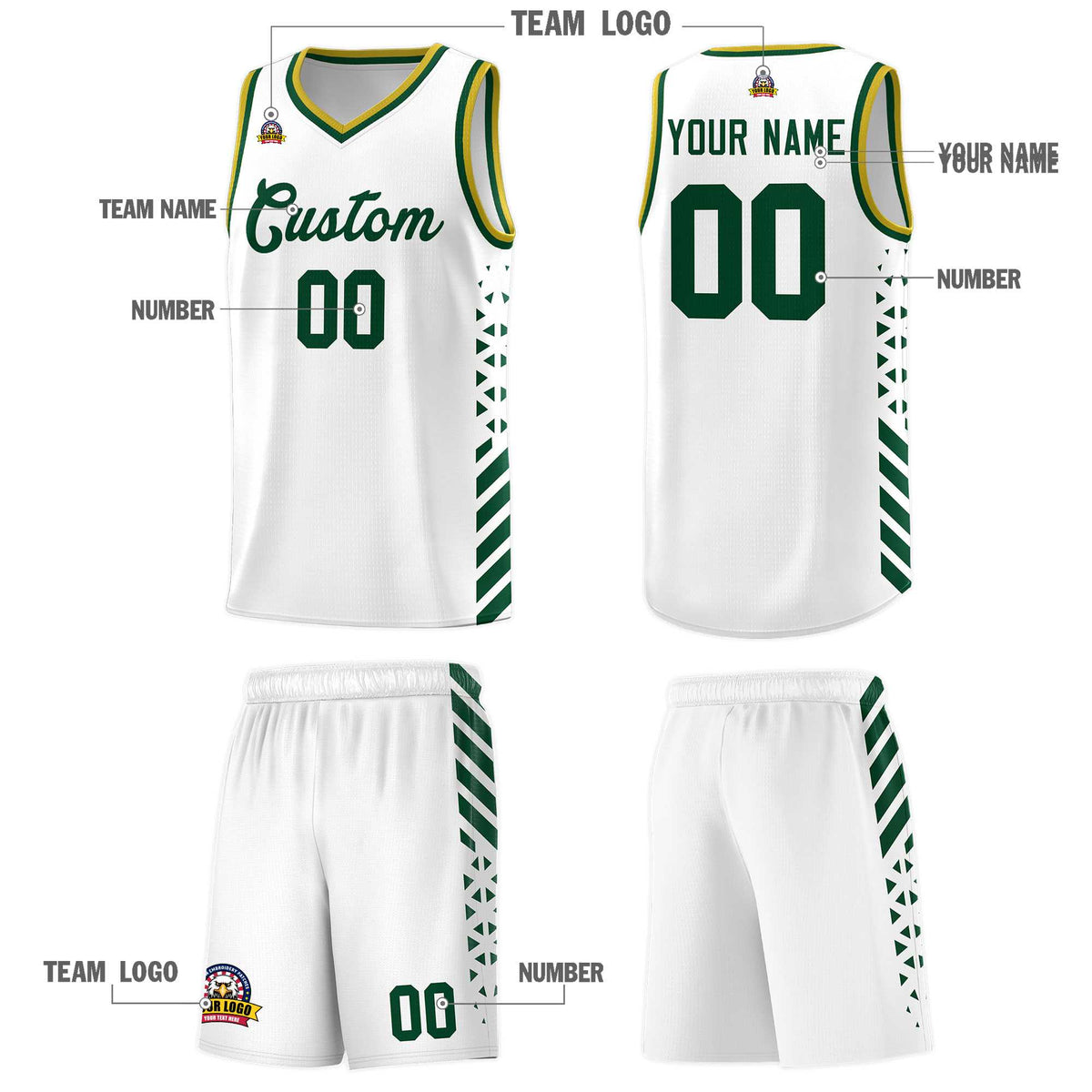 Custom White Basketball Kits With Side Green Diamond Stripe Pattern