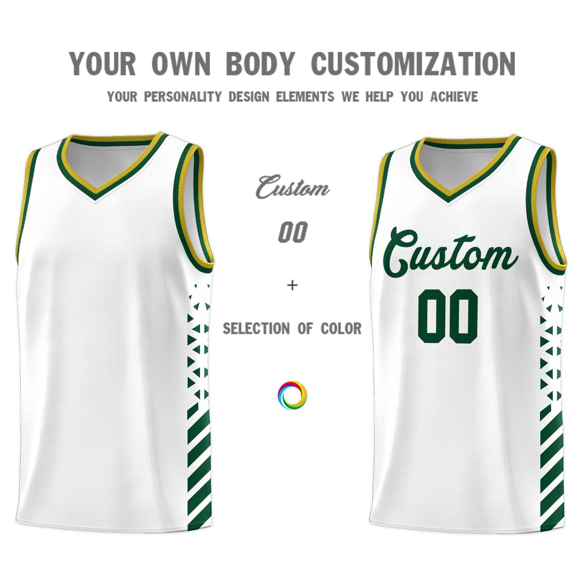 Custom White Basketball Kits With Side Green Diamond Stripe Pattern
