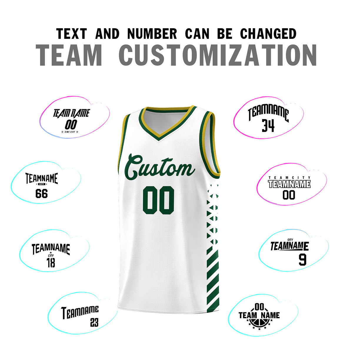 Custom White Basketball Kits With Side Green Diamond Stripe Pattern