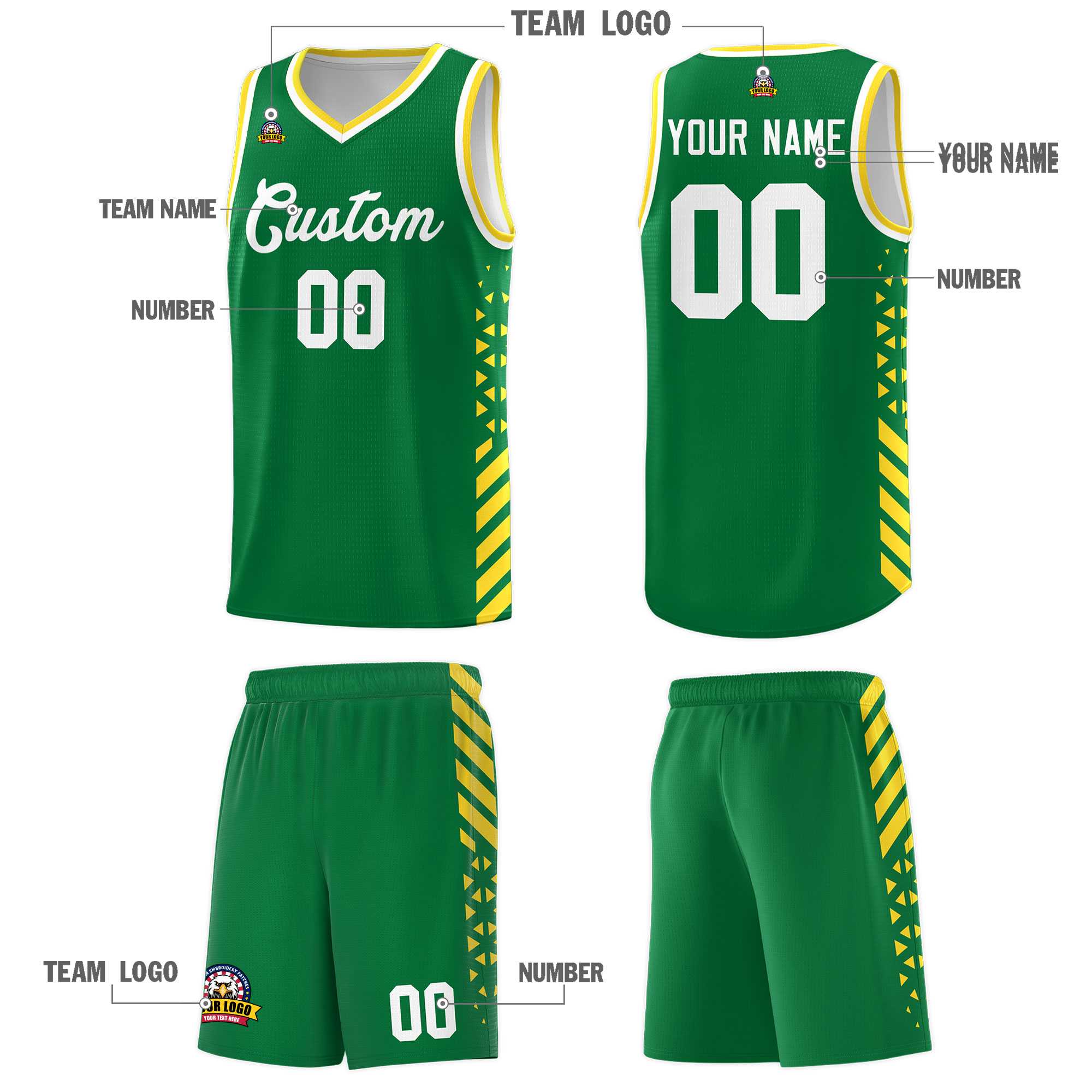 Custom Kelly Green Basketball Kits With Side Gold Diamond Stripe Pattern