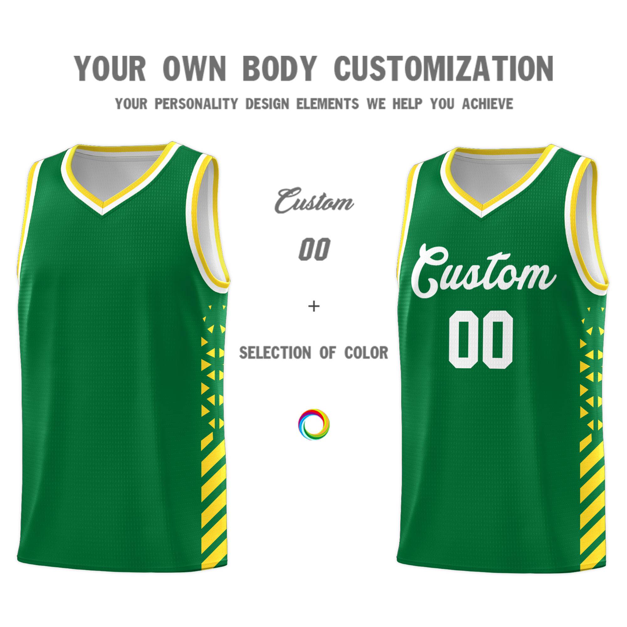 Custom Kelly Green Basketball Kits With Side Gold Diamond Stripe Pattern