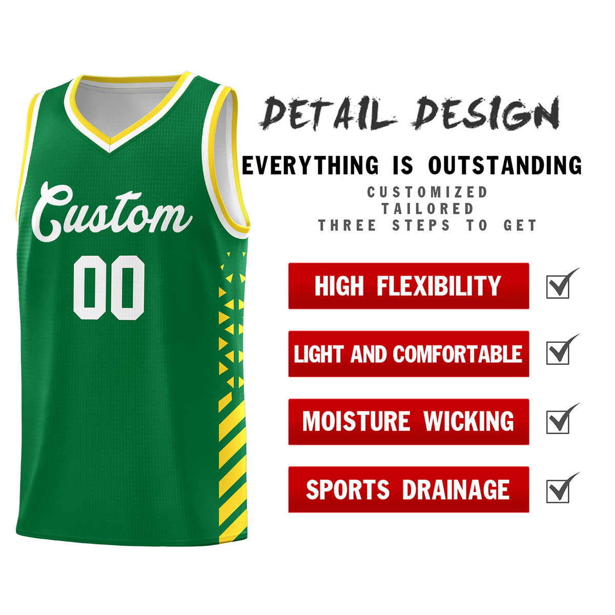 Custom Kelly Green Basketball Kits With Side Gold Diamond Stripe Pattern