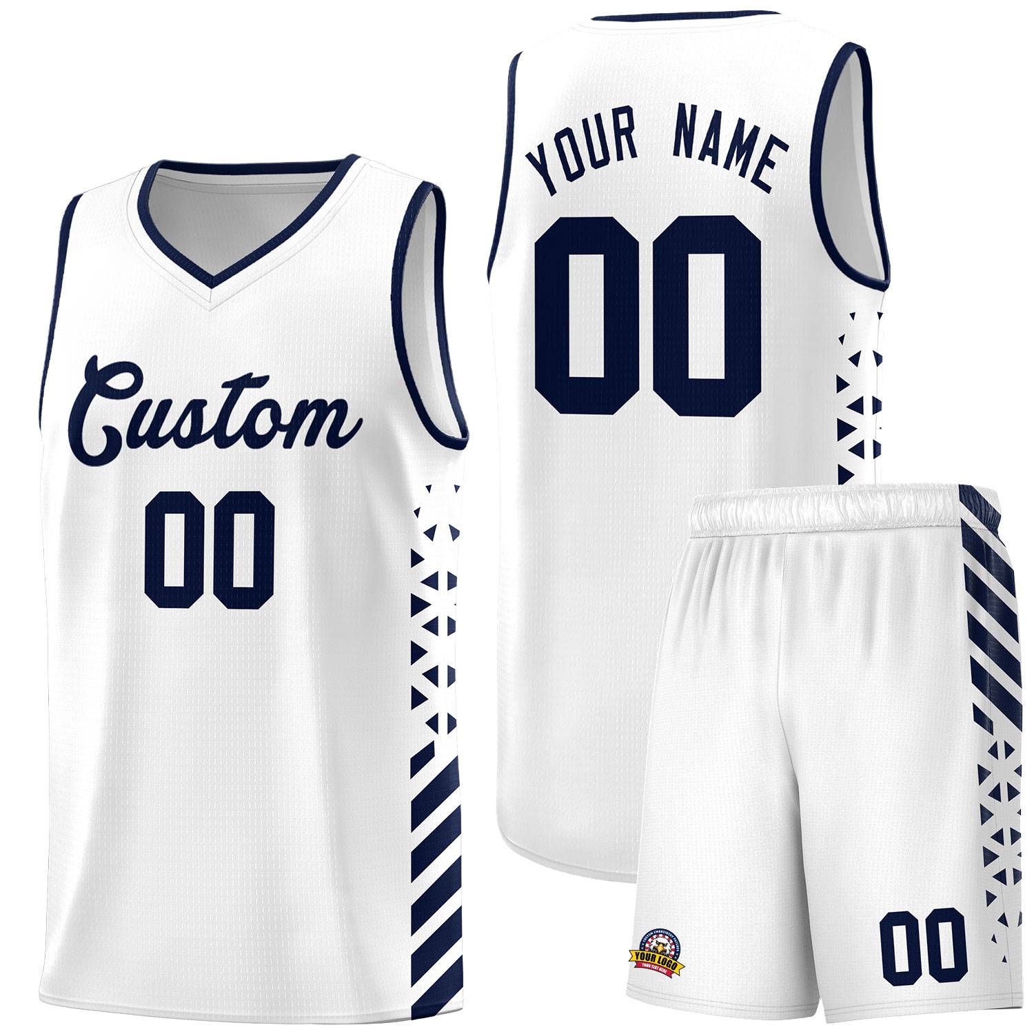 Custom White Basketball Kits With Side Navy Diamond Stripe Pattern