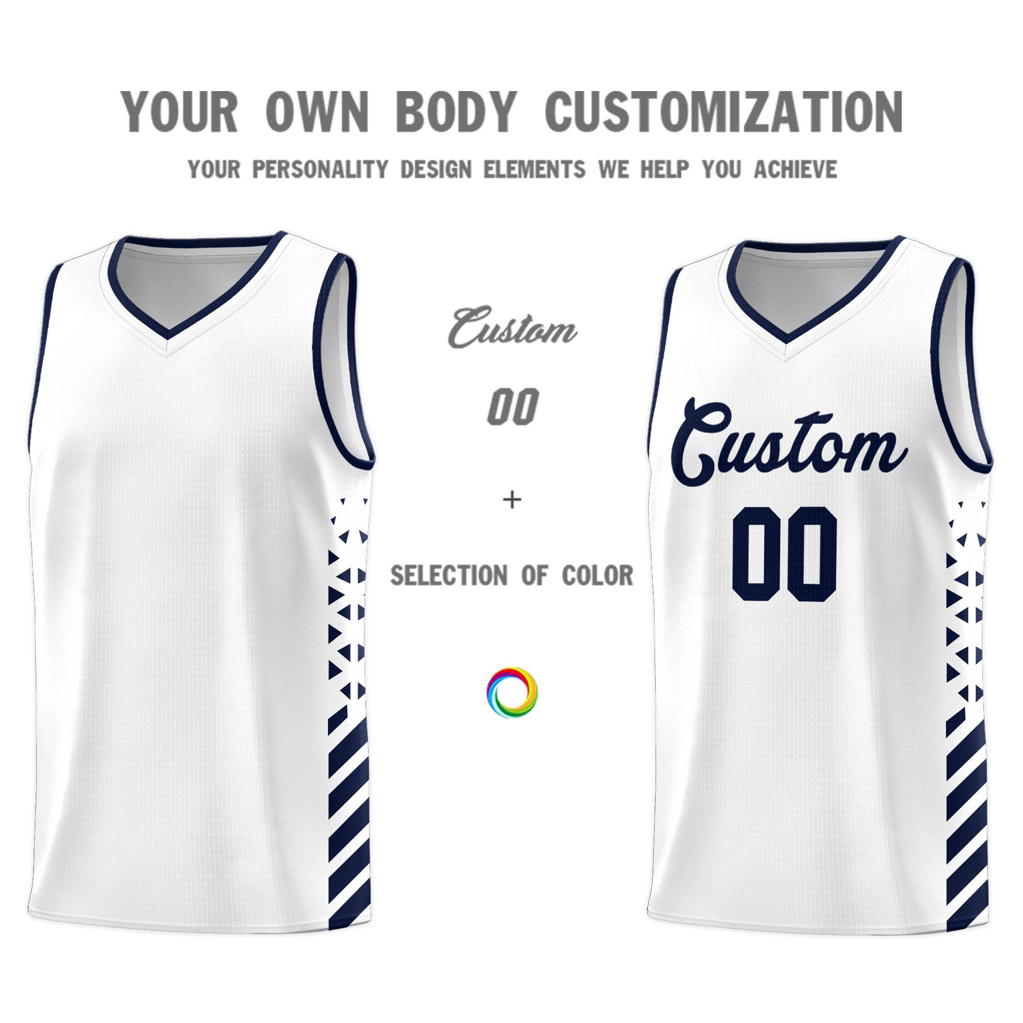 Custom White Basketball Kits With Side Navy Diamond Stripe Pattern