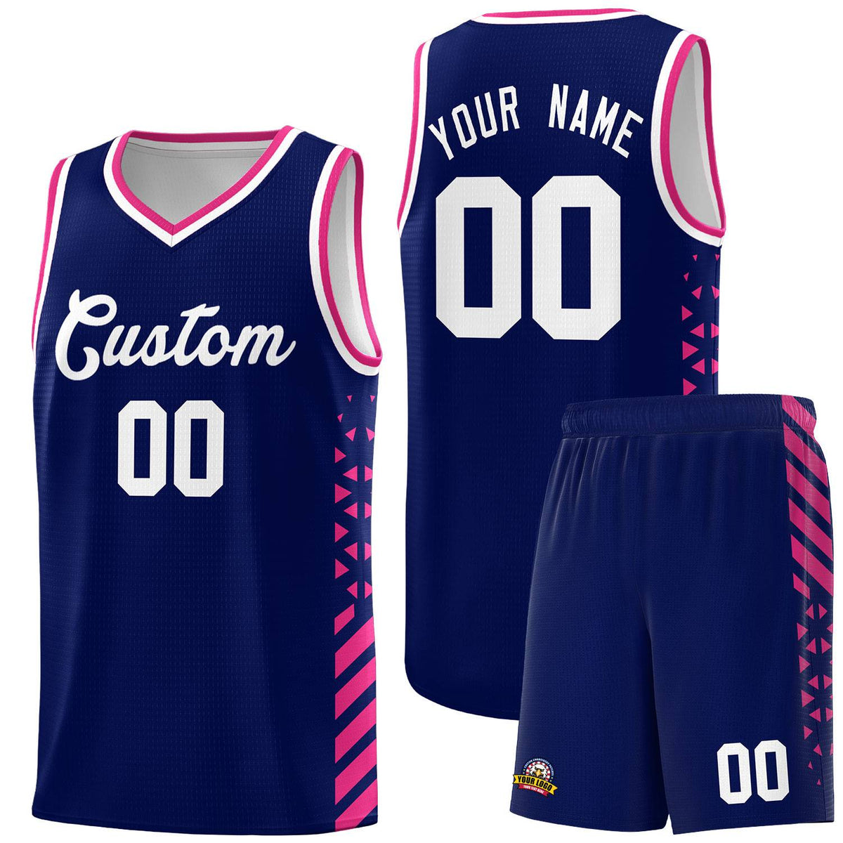 Custom Navy Basketball Kits With Side Rose Red Diamond Stripe Pattern