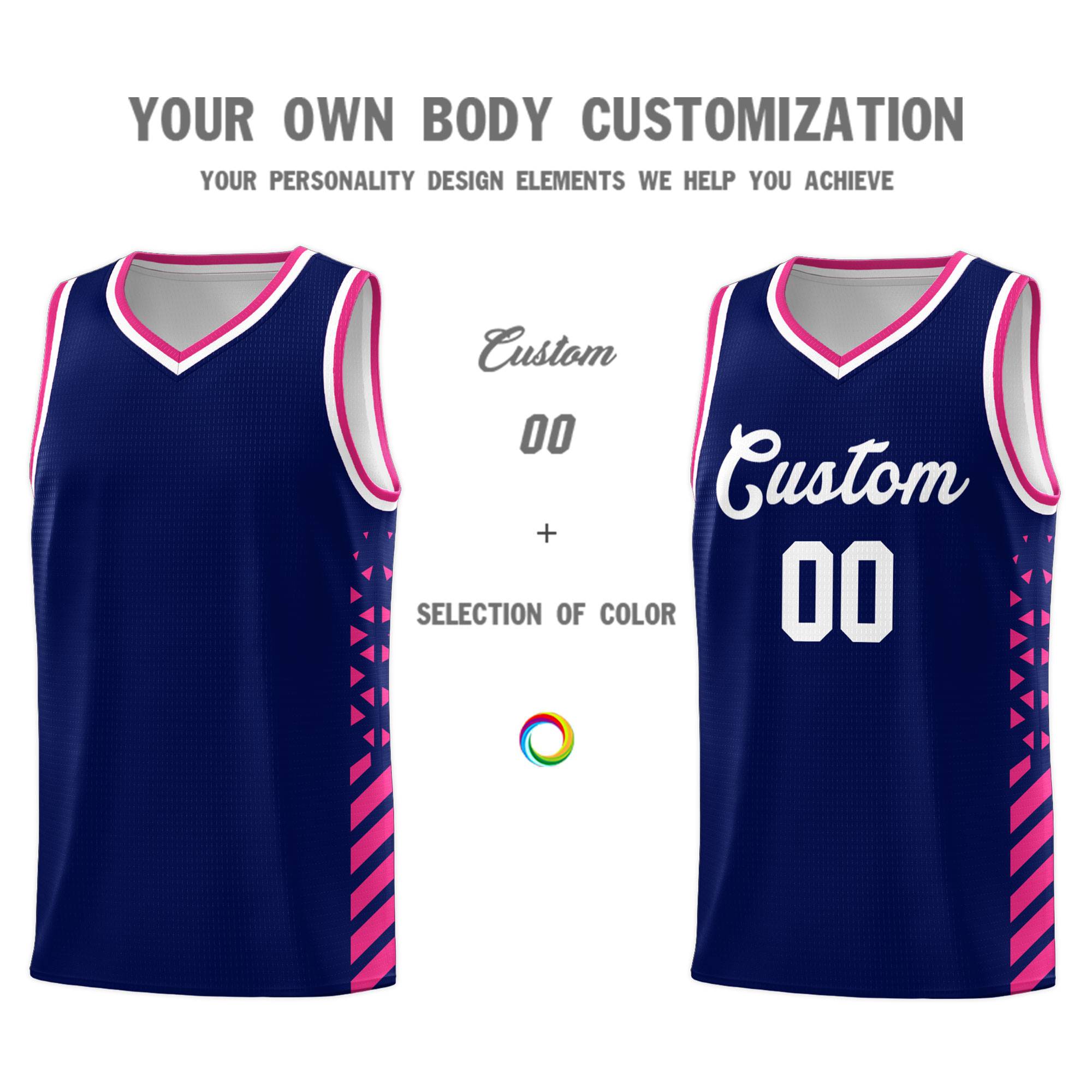 Custom Navy Basketball Kits With Side Rose Red Diamond Stripe Pattern