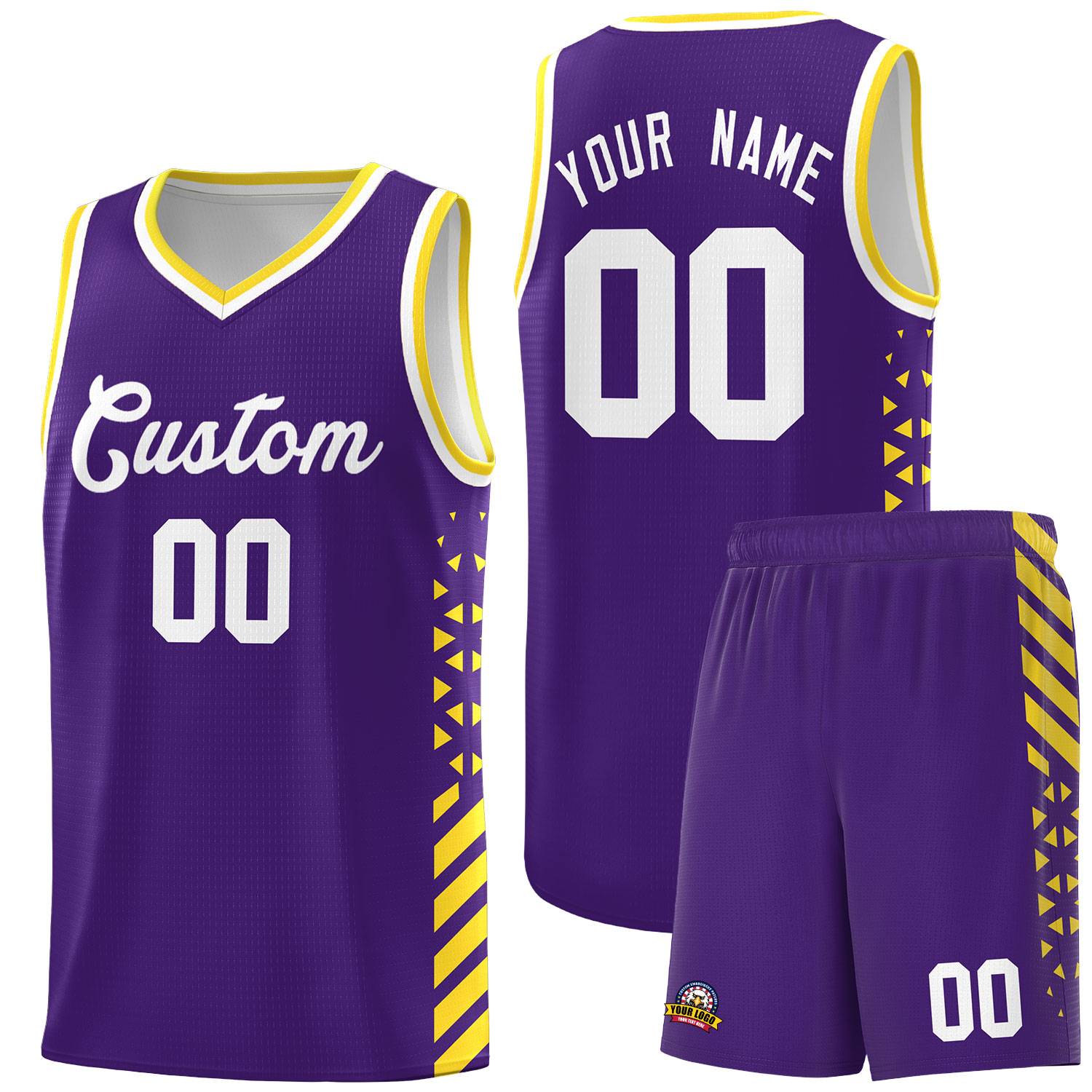 Custom Purple Basketball Kits With Side Gold Diamond Stripe Pattern