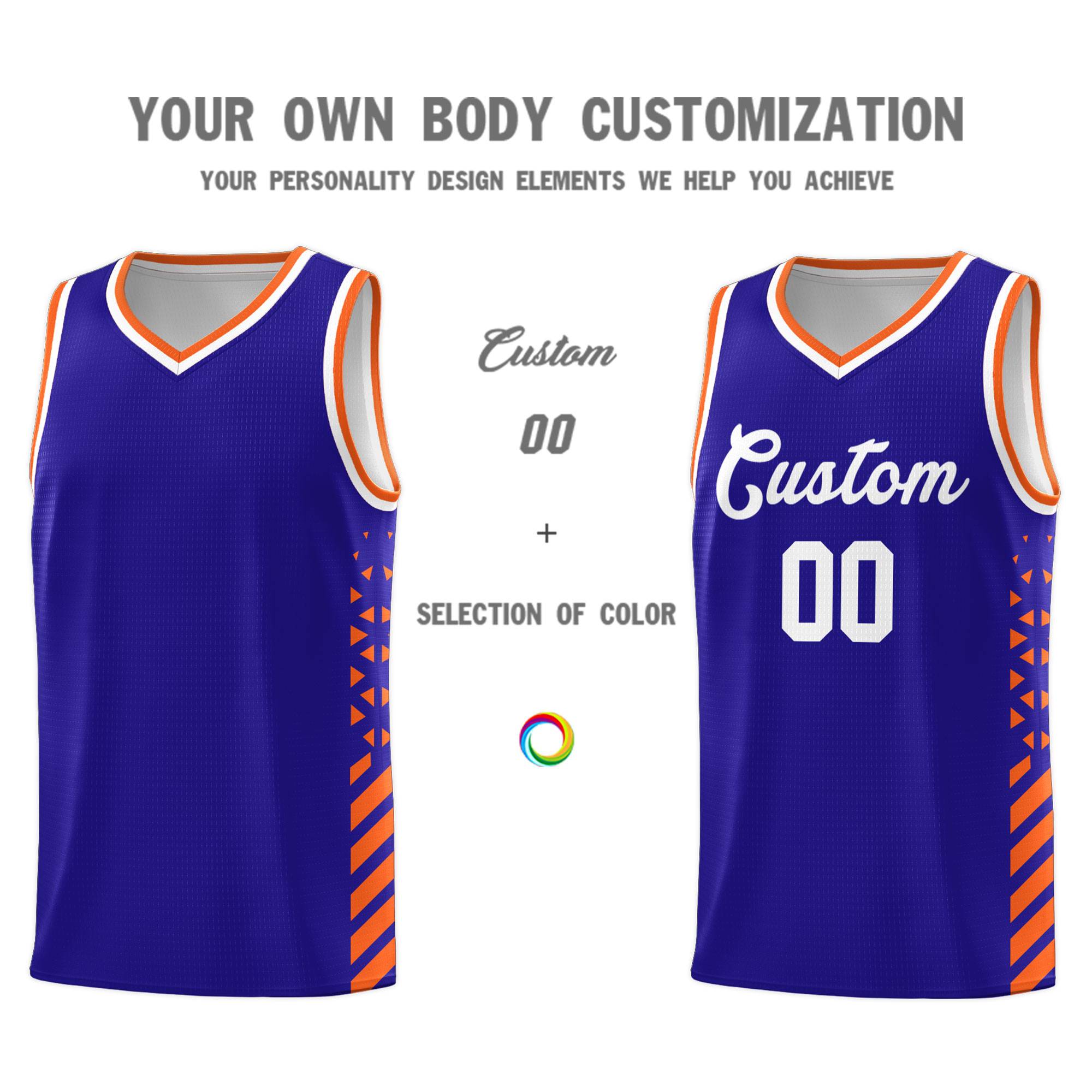 Custom Royal Basketball Kits With Side Orange Diamond Stripe Pattern