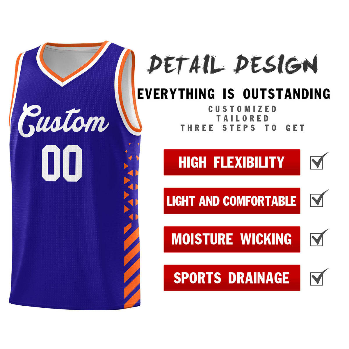 Custom Royal Basketball Kits With Side Orange Diamond Stripe Pattern