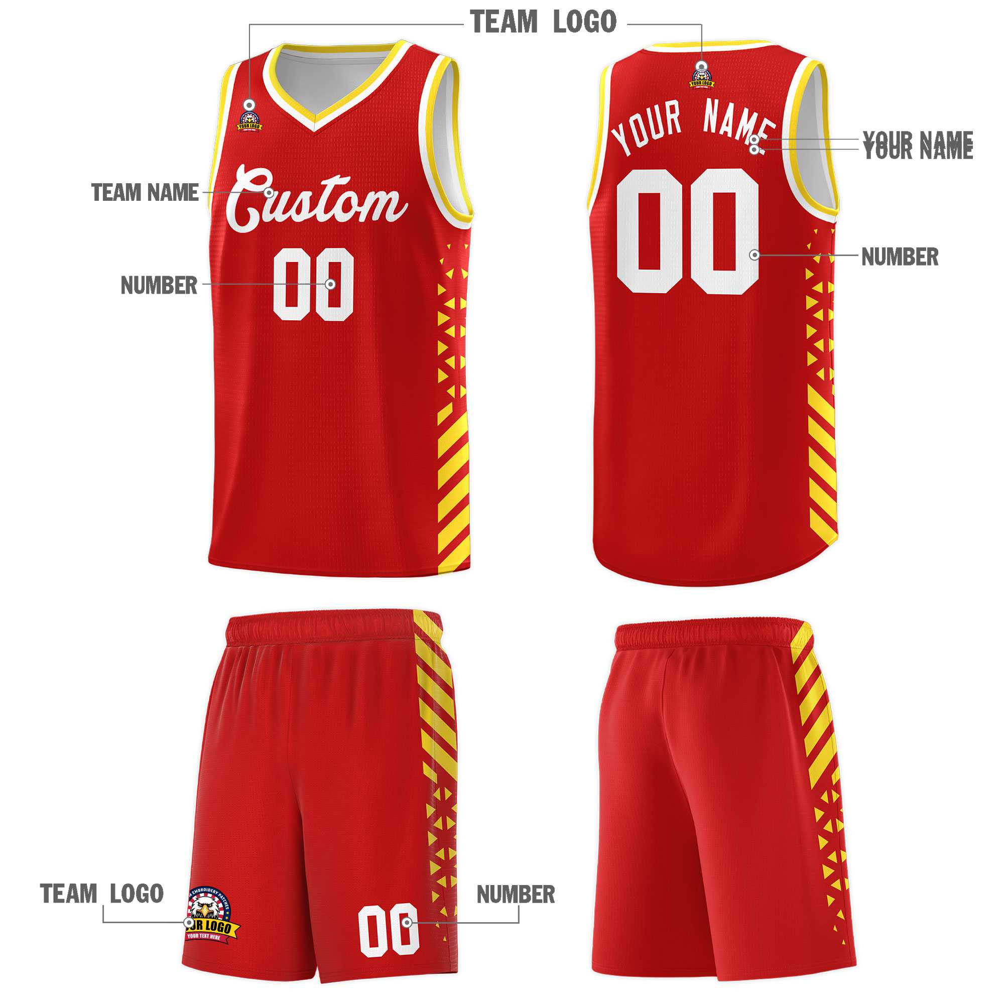 Custom Red Basketball Kits With Side Gold Diamond Stripe Pattern