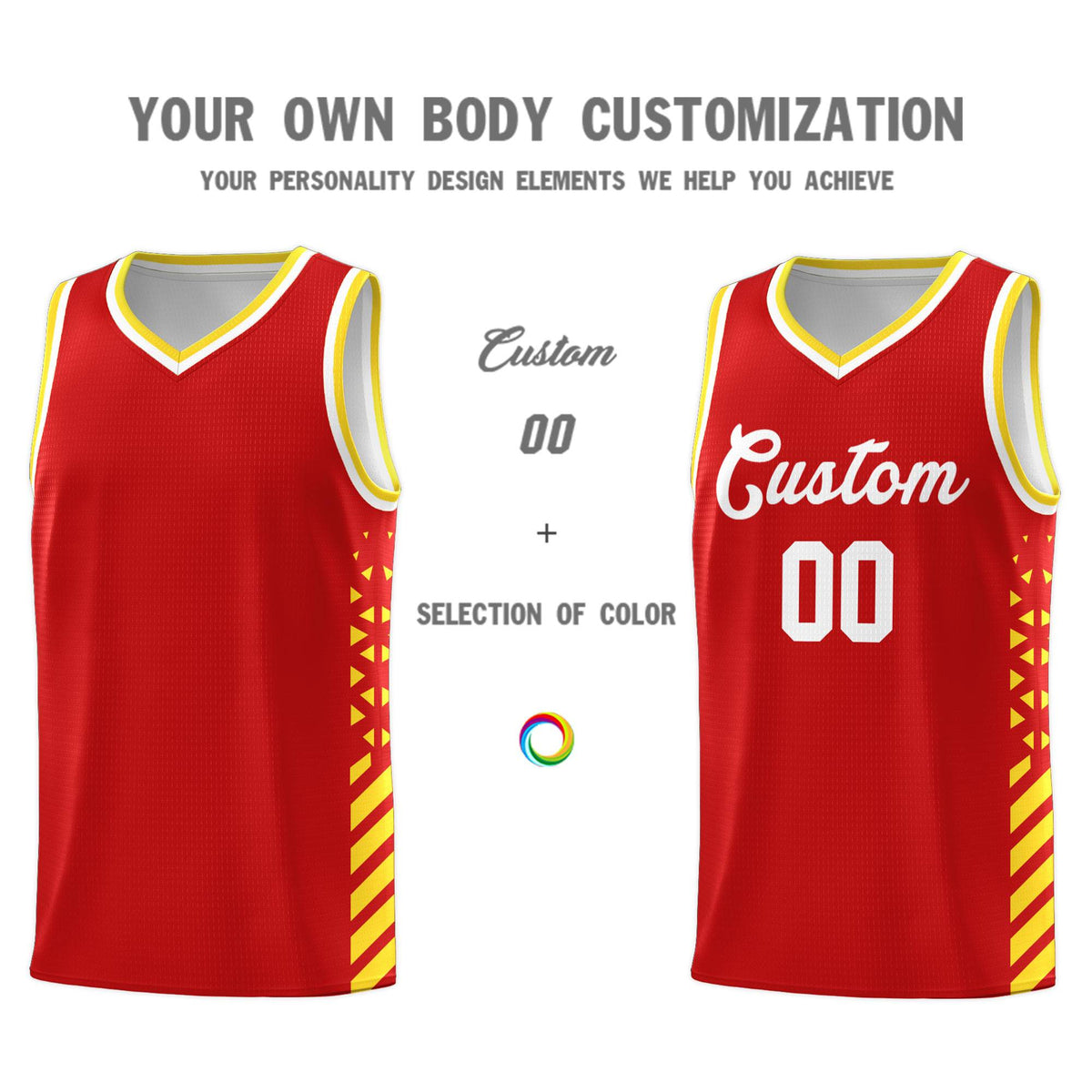 Custom Red Basketball Kits With Side Gold Diamond Stripe Pattern