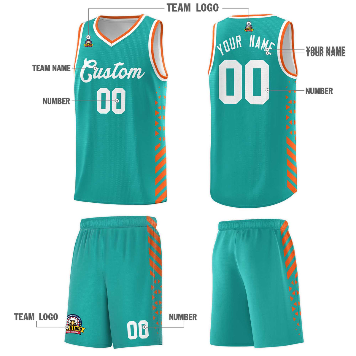 Custom Aqua Basketball Kits With Side Orange Diamond Stripe Pattern
