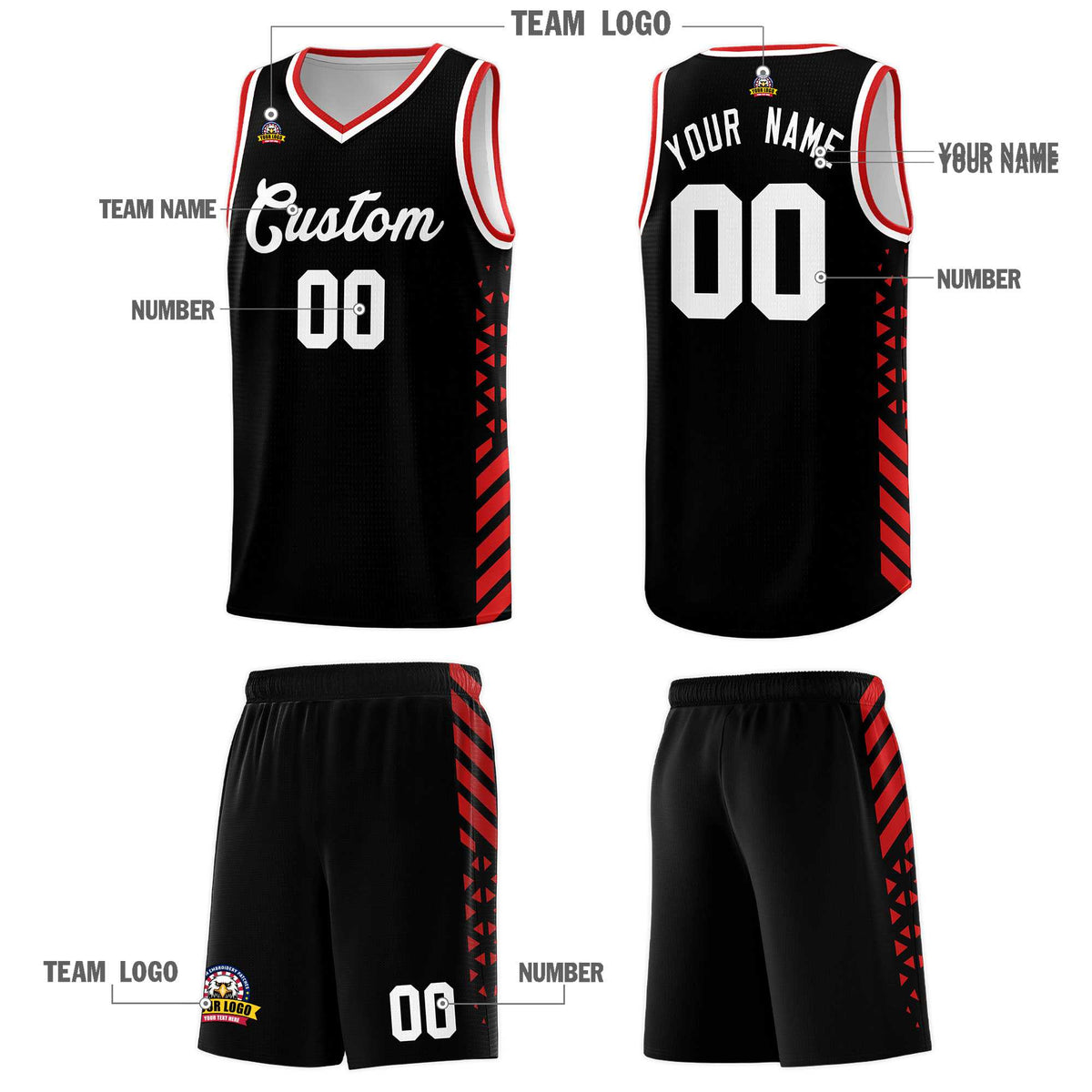 Custom Black Basketball Kits With Side Red Diamond Stripe Pattern