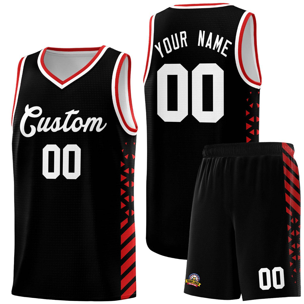 Custom Black Basketball Kits With Side Red Diamond Stripe Pattern