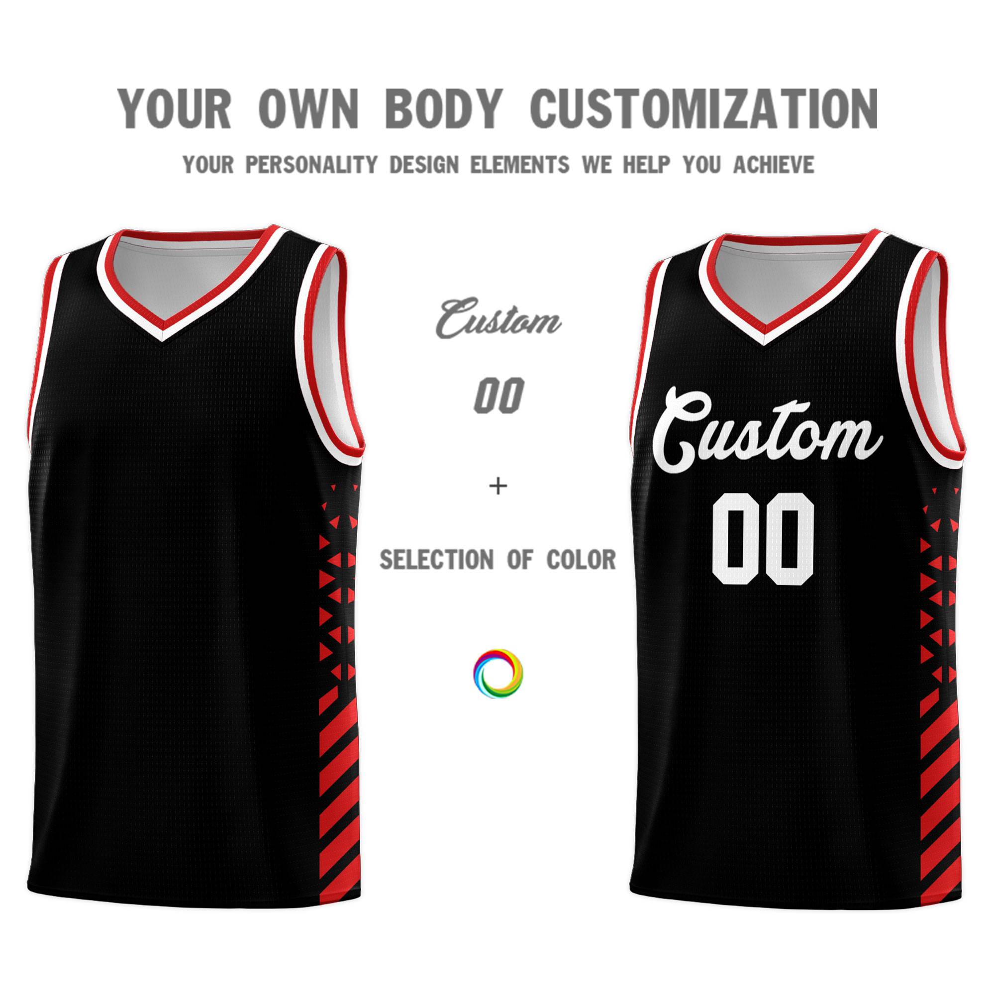 Custom Black Basketball Kits With Side Red Diamond Stripe Pattern