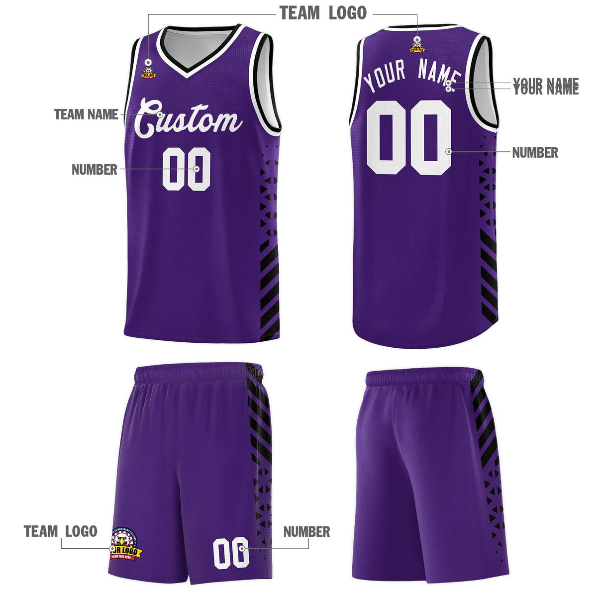 Custom Purple Basketball Kits With Side Black Diamond Stripe Pattern