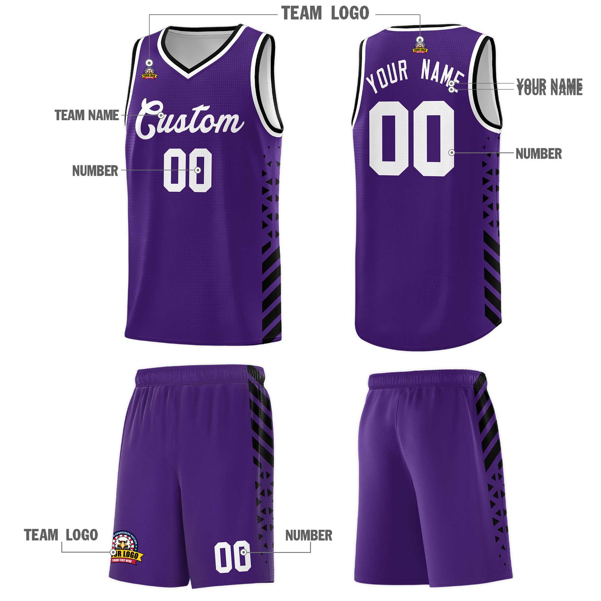 Custom Purple Basketball Kits With Side Black Diamond Stripe Pattern