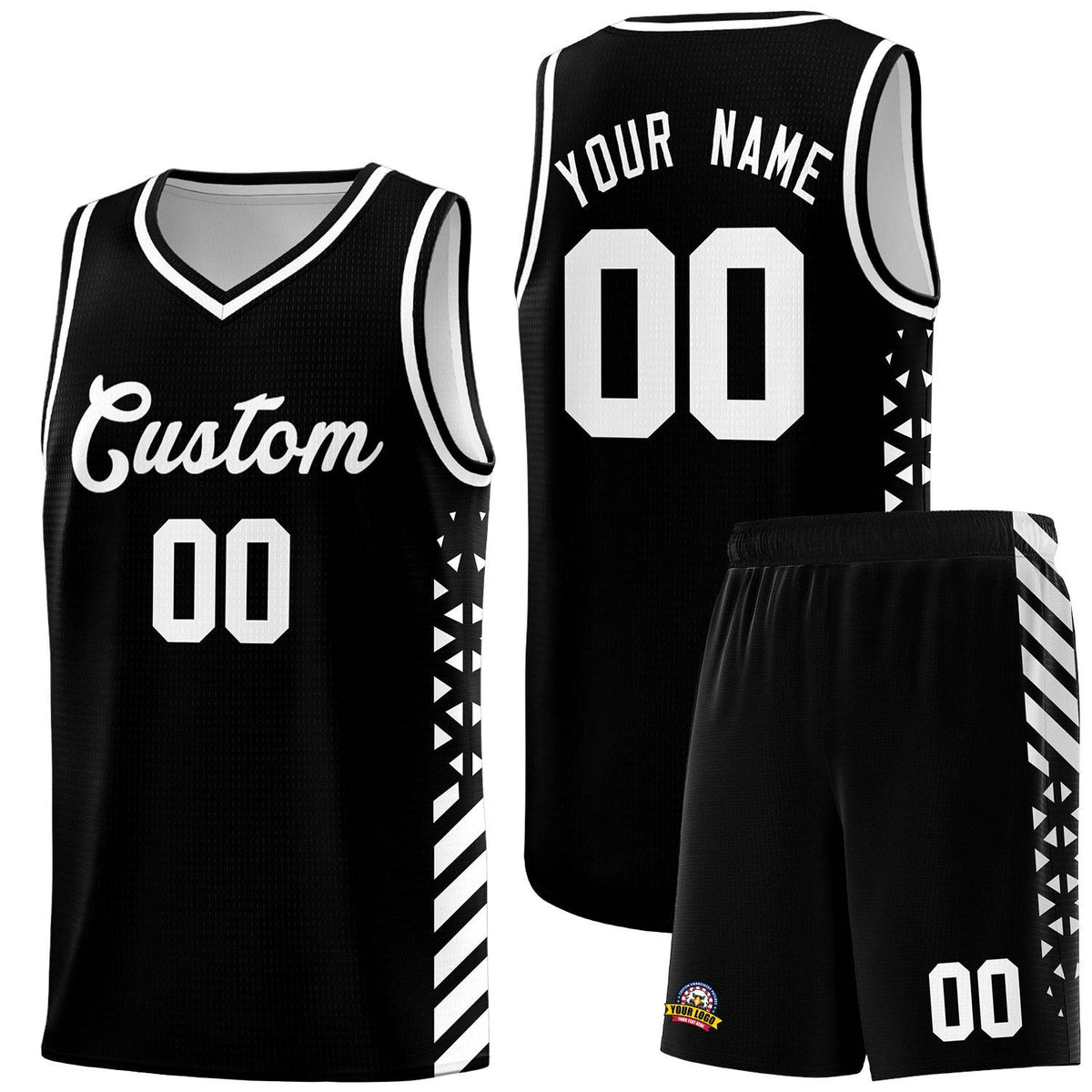 Custom Black Basketball Kits With Side White Diamond Stripe Pattern