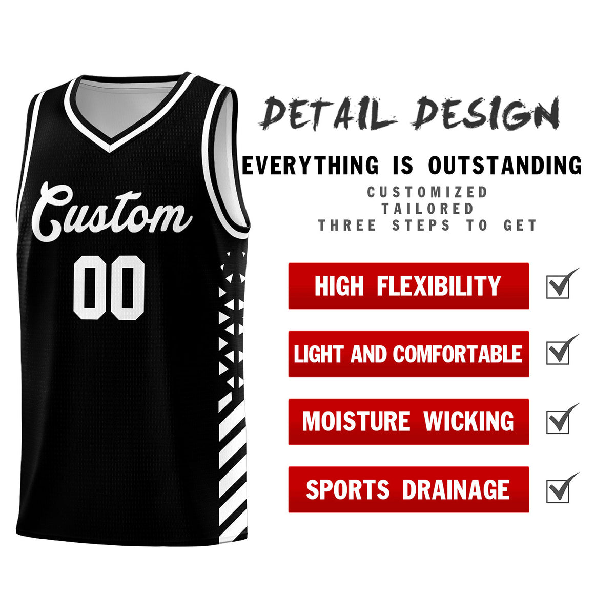 Custom Black Basketball Kits With Side White Diamond Stripe Pattern