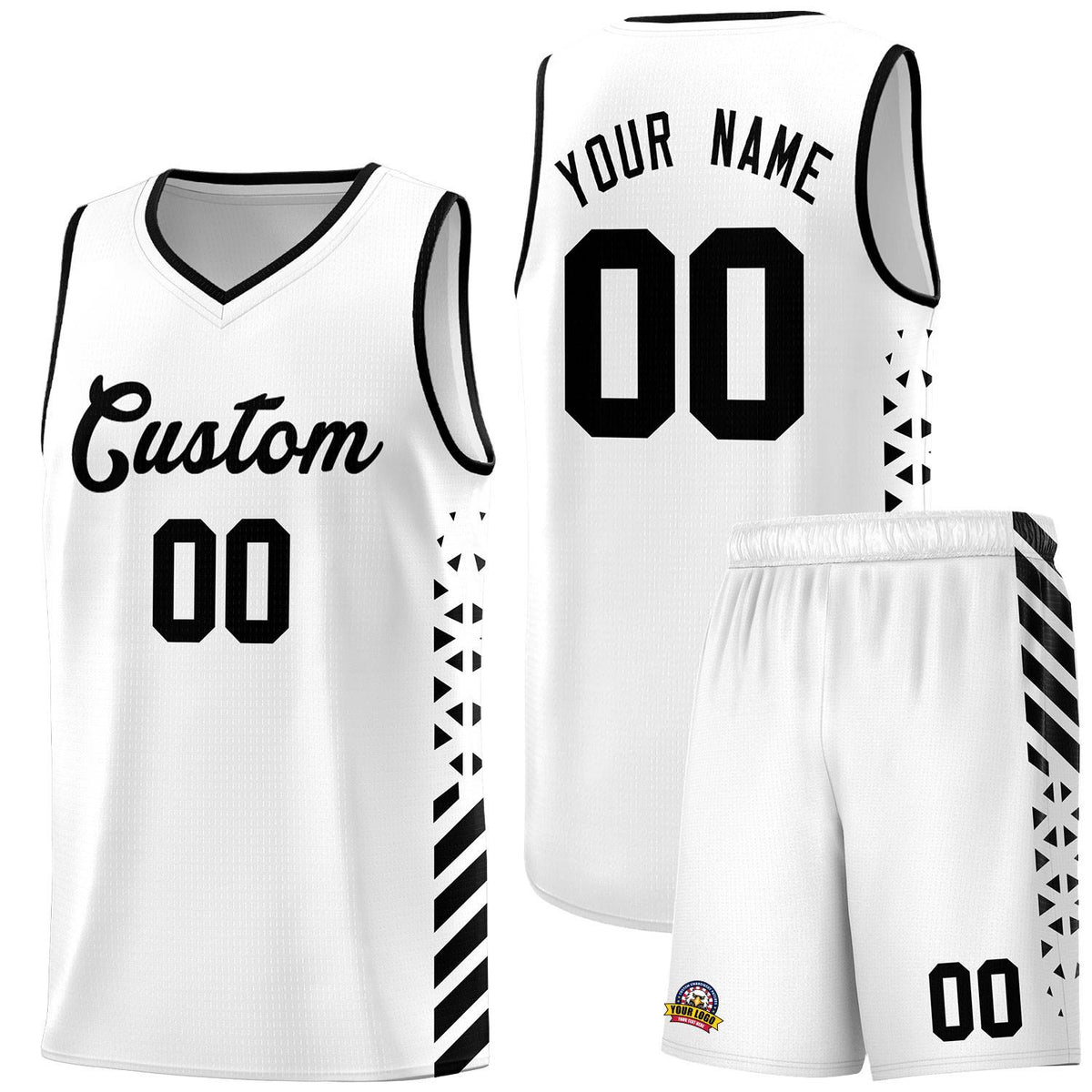 Custom White Basketball Kits With Side Black Diamond Stripe Pattern