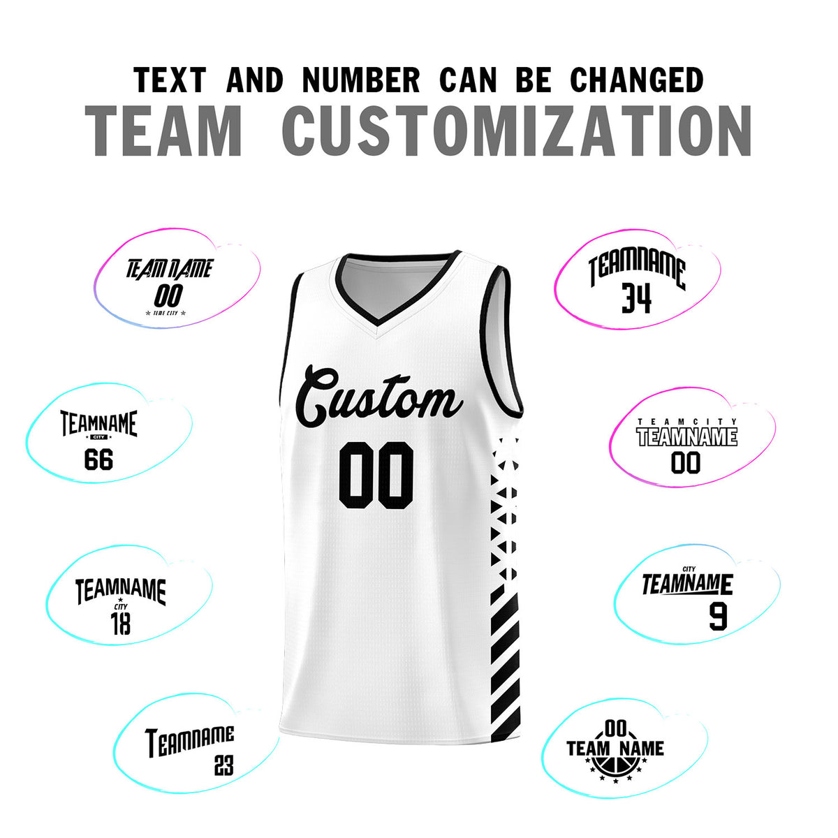 Custom White Basketball Kits With Side Black Diamond Stripe Pattern