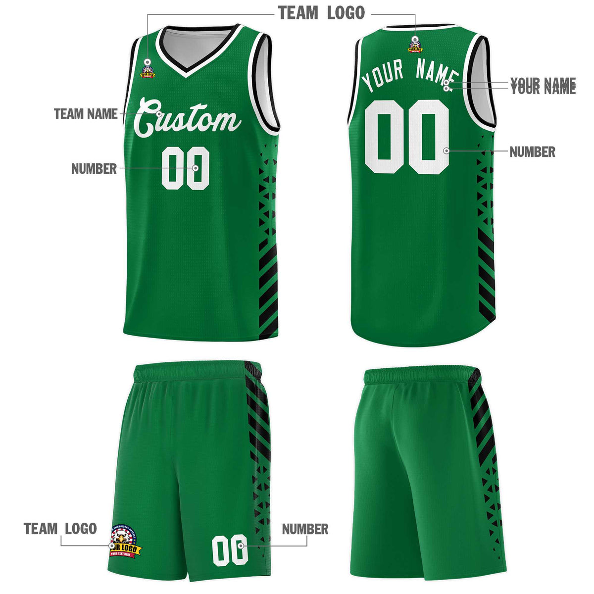 Custom Kelly Green Basketball Kits With Side Black Diamond Stripe Pattern