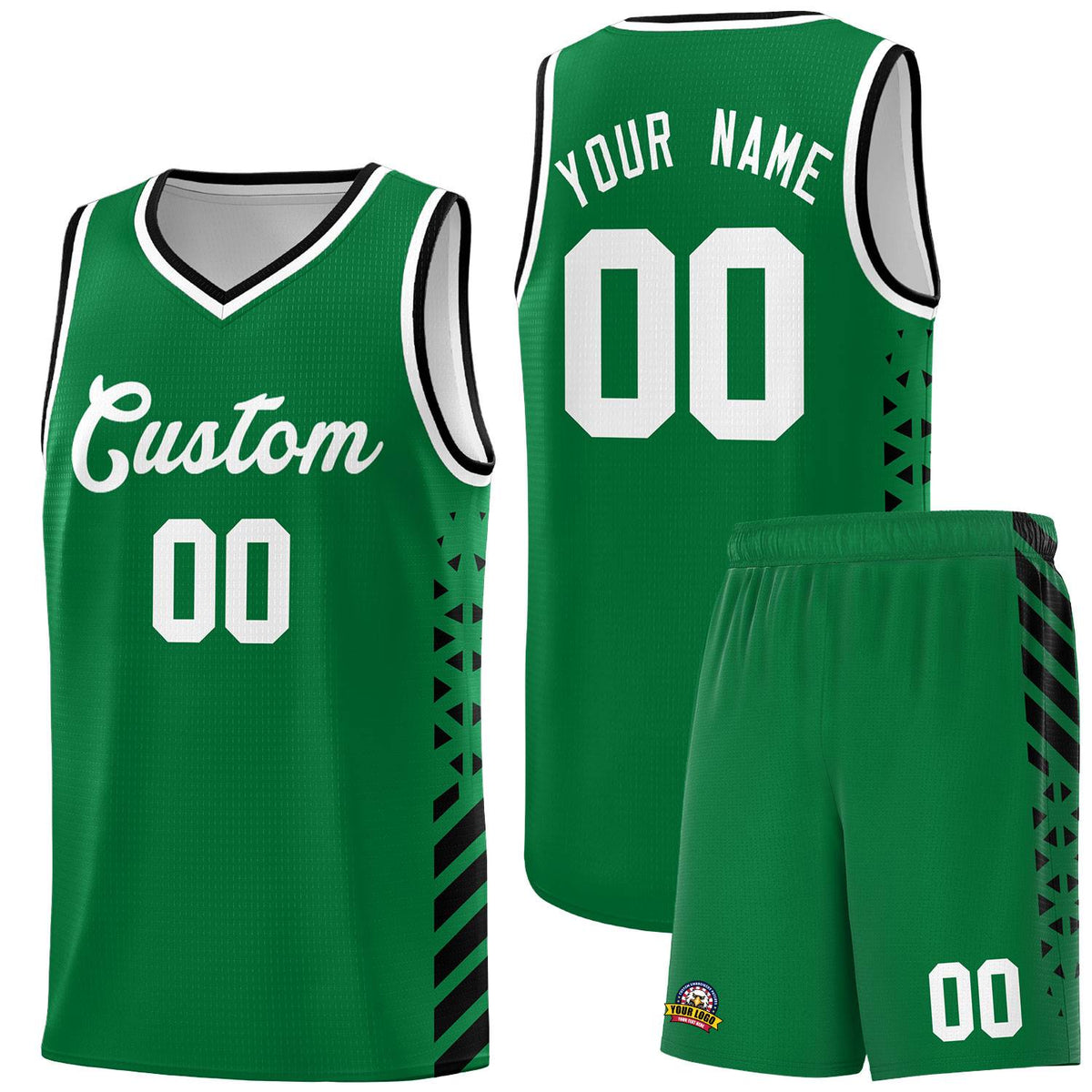 Custom Kelly Green Basketball Kits With Side Black Diamond Stripe Pattern