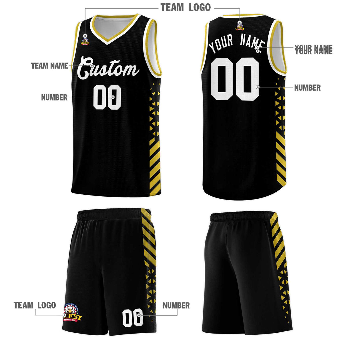 Custom Black Basketball Kits With Side Old Gold Diamond Stripe Pattern