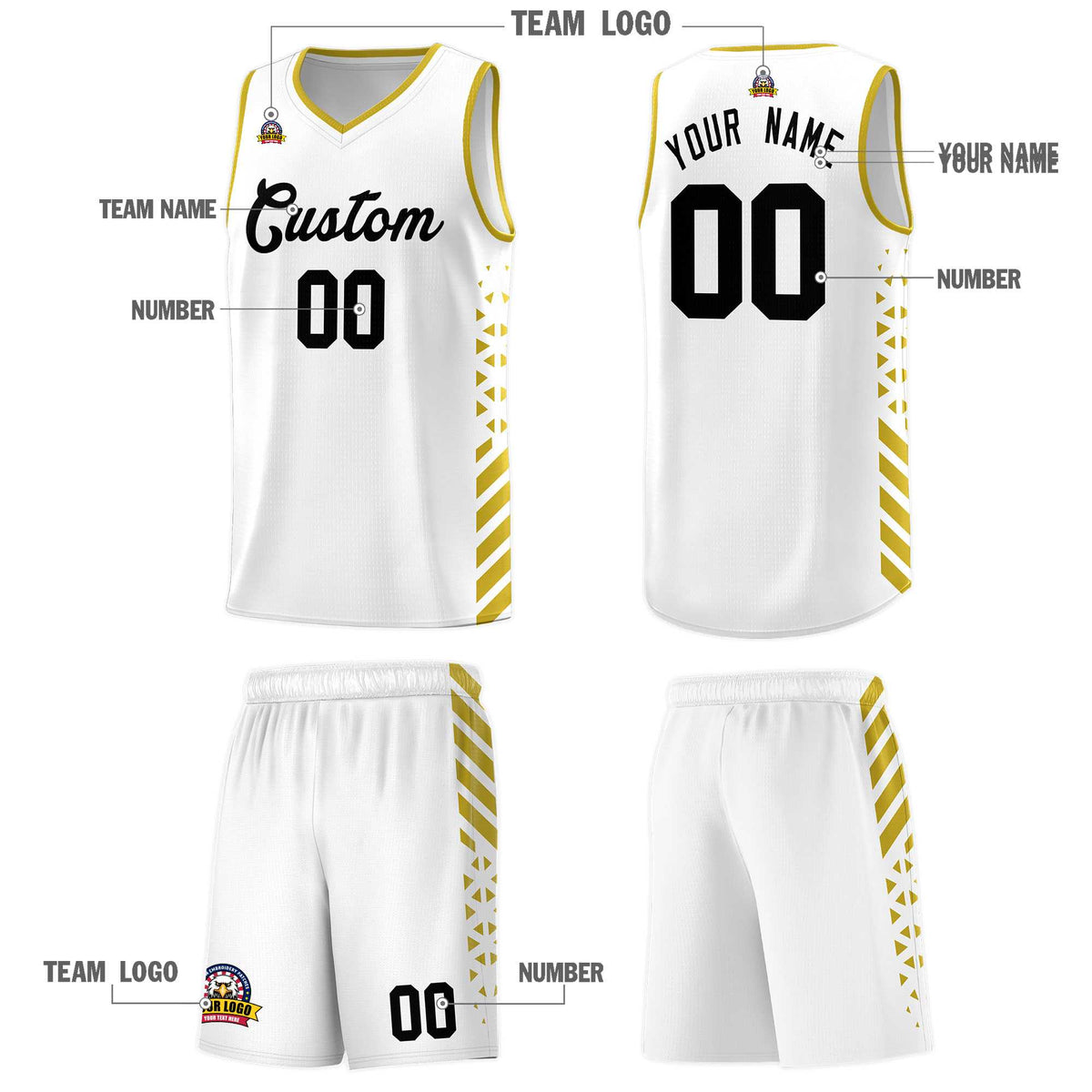 Custom White Basketball Kits With Side Old Gold Diamond Stripe Pattern