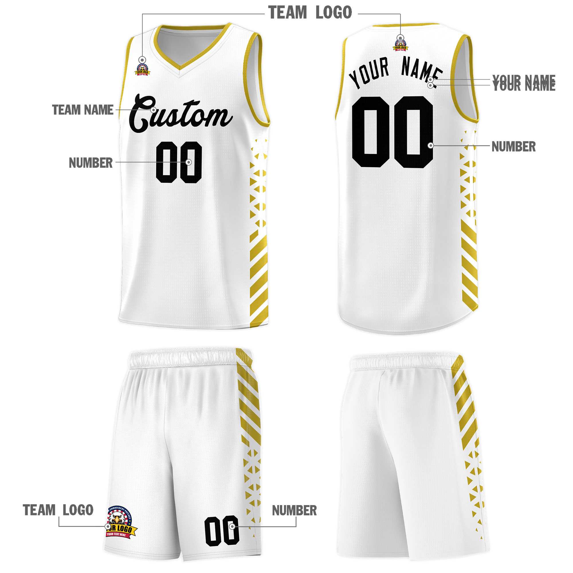 Custom White Basketball Kits With Side Old Gold Diamond Stripe Pattern