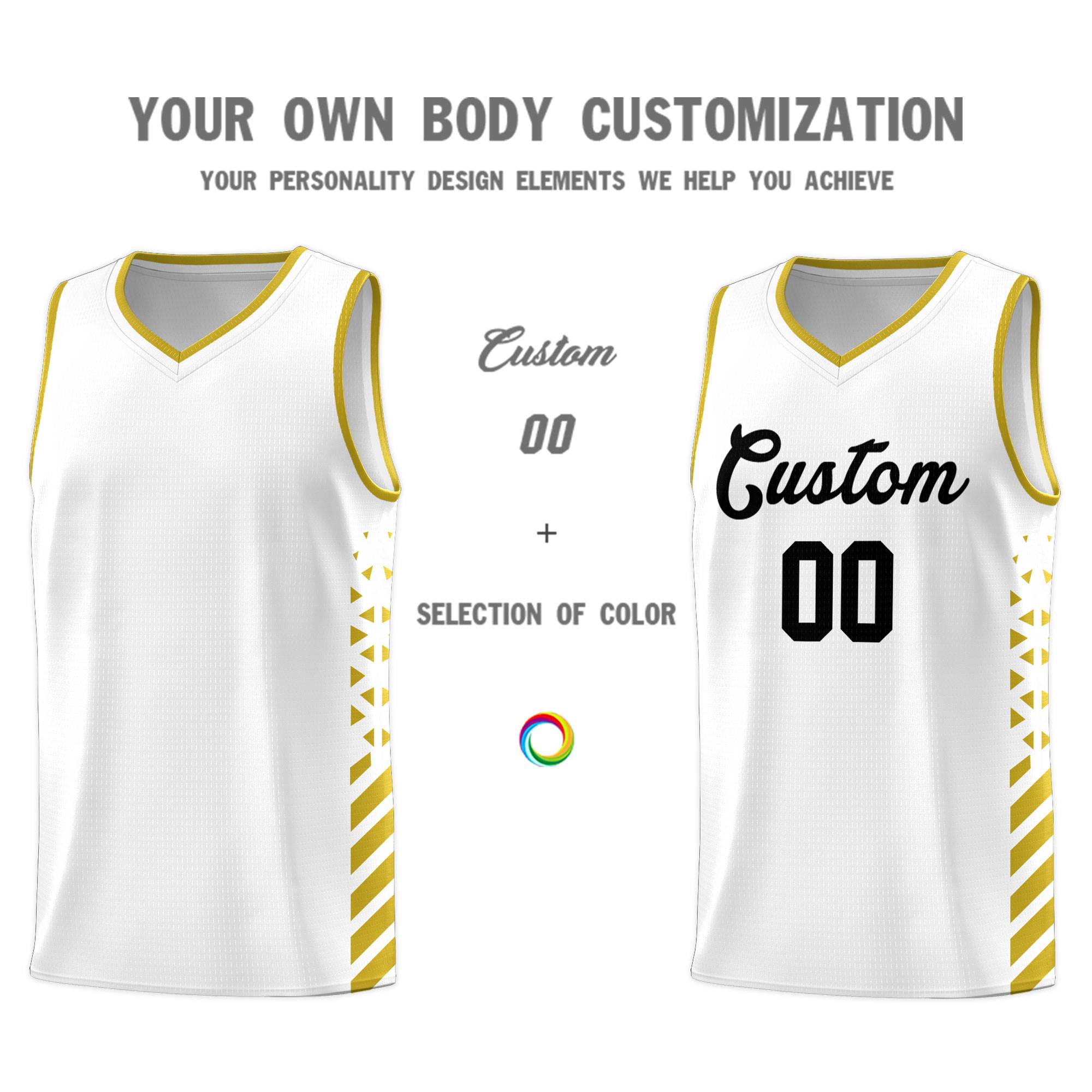 Custom White Basketball Kits With Side Old Gold Diamond Stripe Pattern