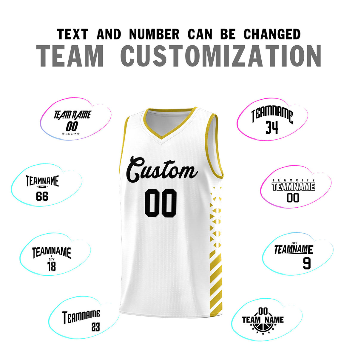 Custom White Basketball Kits With Side Old Gold Diamond Stripe Pattern