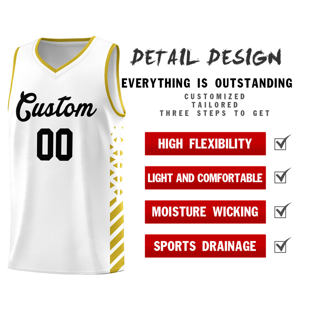 Custom White Basketball Kits With Side Old Gold Diamond Stripe Pattern